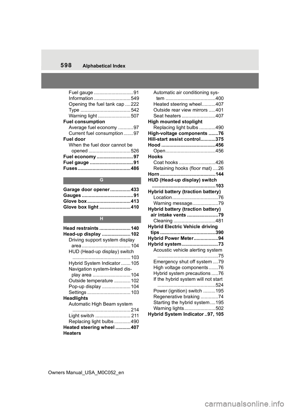 TOYOTA TUNDRA HYBRID 2023  Owners Manual 598Alphabetical Index
Owners Manual_USA_M0C052_en
Fuel gauge ............................. 91
Information ........................... 549
Opening the fuel tank cap .... 222
Type ......................