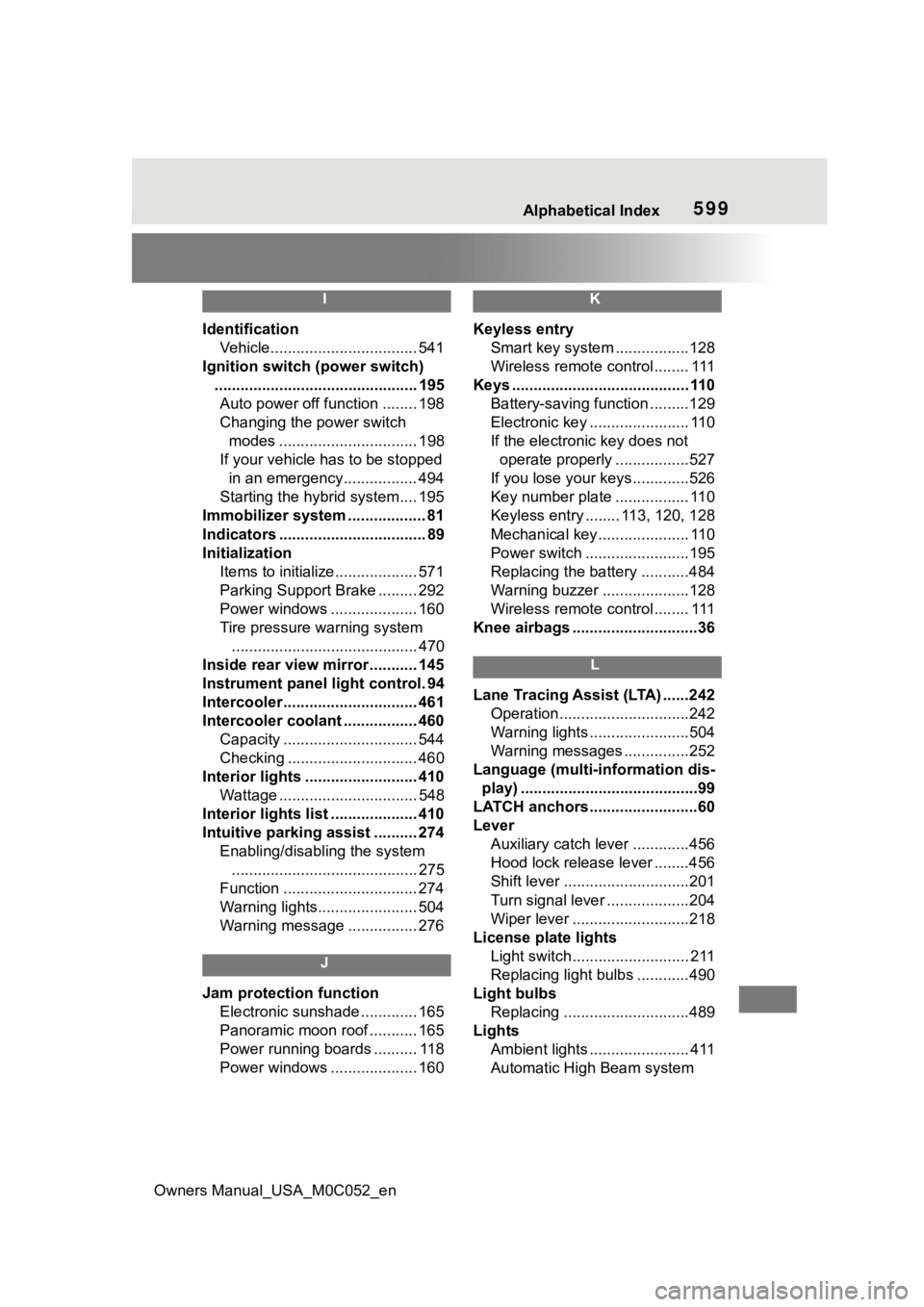 TOYOTA TUNDRA HYBRID 2023  Owners Manual Owners Manual_USA_M0C052_en
Alphabetical Index599
I
IdentificationVehicle.................................. 541
Ignition switch (power switch) ............................................... 195Auto p