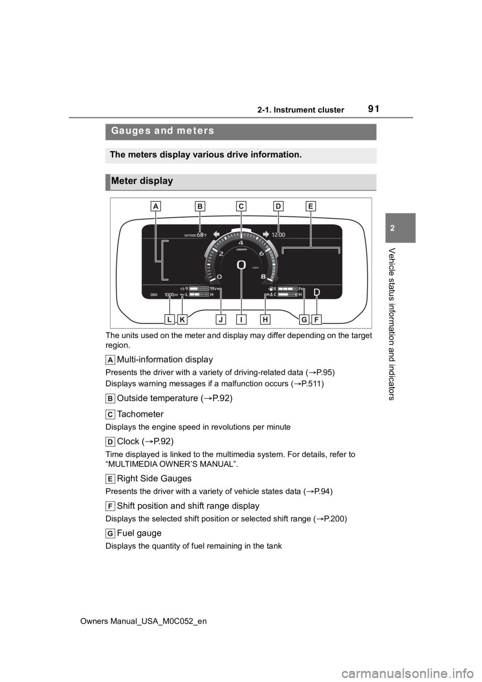 TOYOTA TUNDRA HYBRID 2023 Owners Manual 912-1. Instrument cluster
Owners Manual_USA_M0C052_en
2
Vehicle status information and indicators
The units used on the meter and display may differ depending on the target
region.
Multi-information TOYOTA TUNDRA HYBRID 2023 Owners Manual 912-1. Instrument cluster
Owners Manual_USA_M0C052_en
2
Vehicle status information and indicators
The units used on the meter and display may differ depending on the target
region.
Multi-information