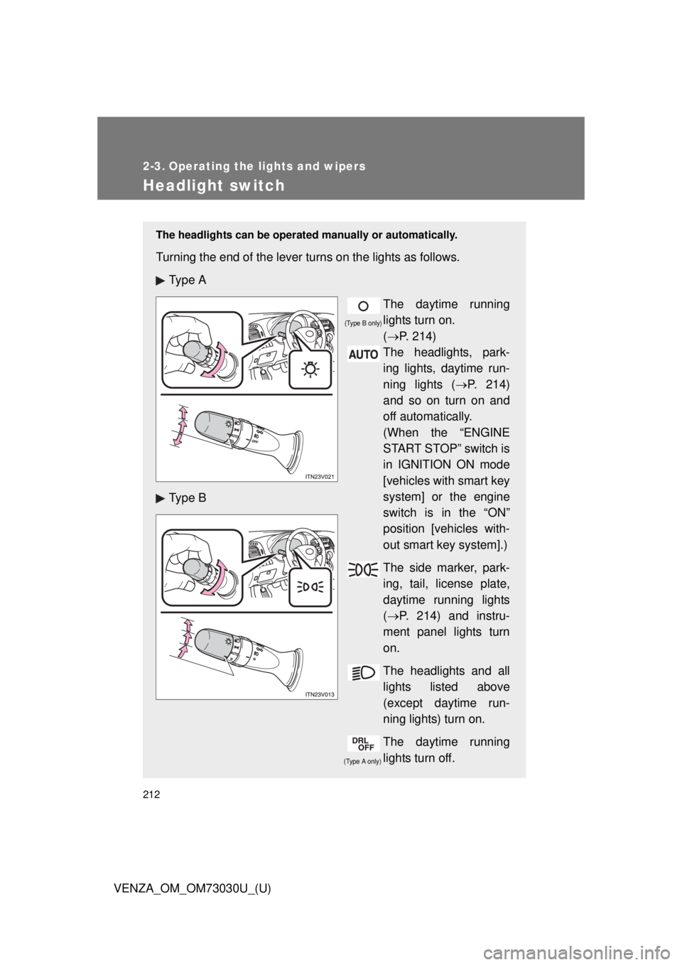 TOYOTA VENZA 2016 Owners Manual 212
VENZA_OM_OM73030U_(U) 2-3. Operating the lights and wipers
Headlight switch The headlights can be operated manually or automatically.
Turning the end of the lever turns on the lights as follows. TOYOTA VENZA 2016 Owners Manual 212
VENZA_OM_OM73030U_(U) 2-3. Operating the lights and wipers
Headlight switch The headlights can be operated manually or automatically.
Turning the end of the lever turns on the lights as follows.