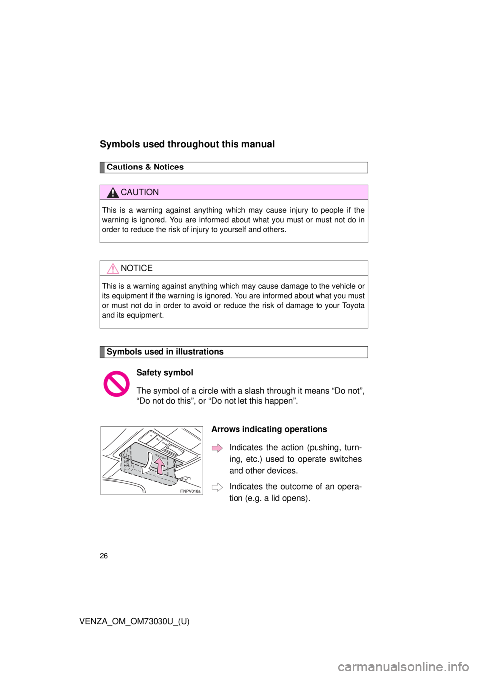TOYOTA VENZA 2016 Owners Manual 26
VENZA_OM_OM73030U_(U) Symbols used thro ughout this manualCautions & Notices
Symbols used in illustrations CAUTIONThis is a warning against anything which may cause injury to people if the
warning TOYOTA VENZA 2016 Owners Manual 26
VENZA_OM_OM73030U_(U) Symbols used thro ughout this manualCautions & Notices
Symbols used in illustrations CAUTIONThis is a warning against anything which may cause injury to people if the
warning