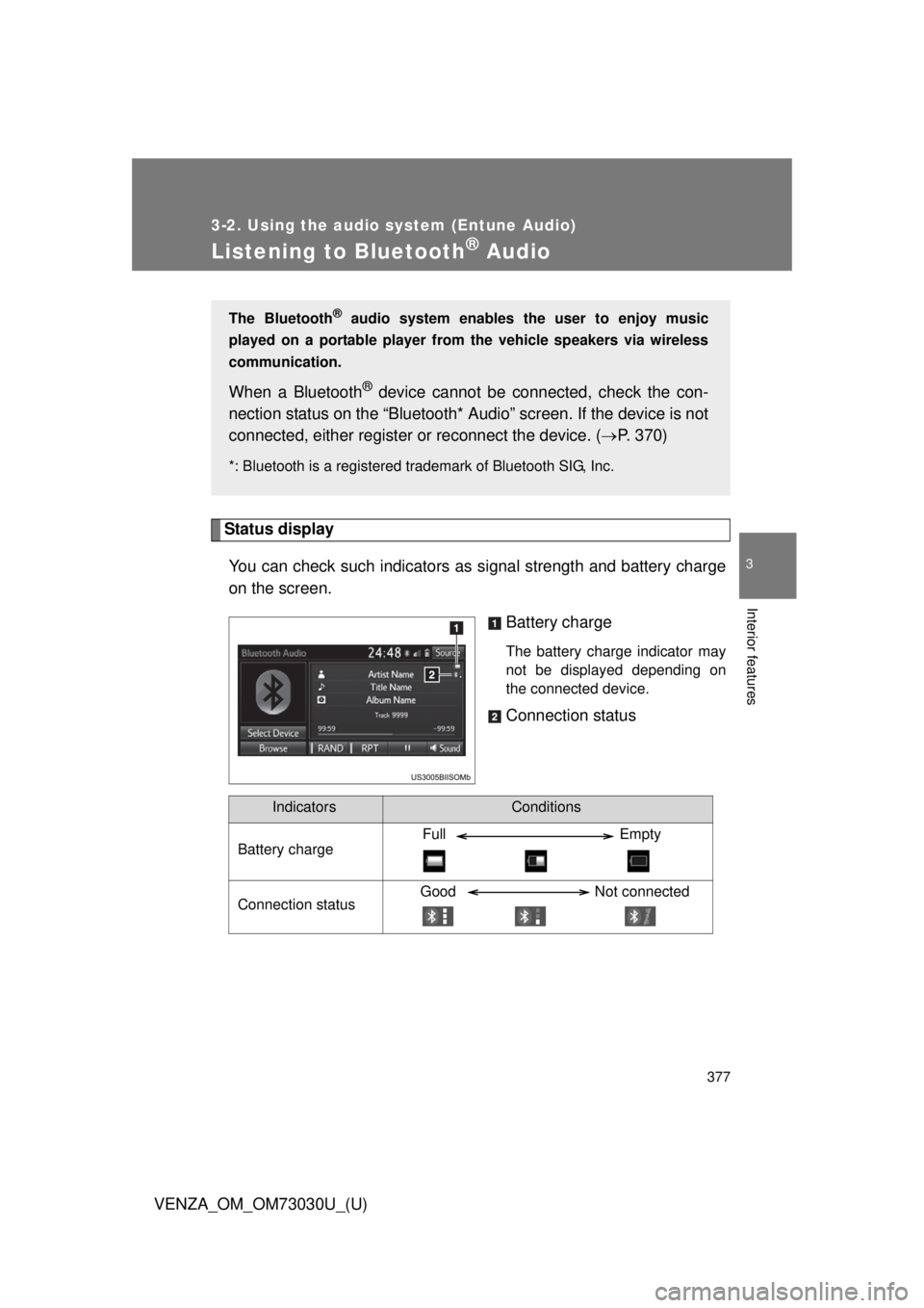 TOYOTA VENZA 2016  Owners Manual 3773-2. Using the audio system (Entune Audio)
VENZA_OM_OM73030U_(U) 3
Interior features
Listening to Bluetooth ®
 Audio
Status display
You can check such indicators as  signal strength and battery ch