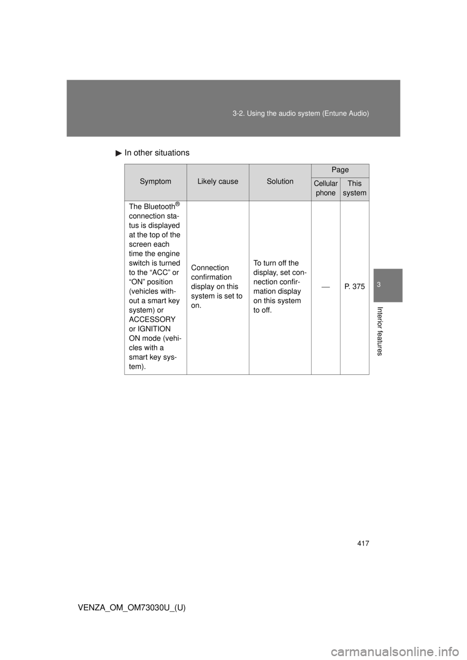 TOYOTA VENZA 2016  Owners Manual 4173-2. Using the audio system (Entune Audio)
VENZA_OM_OM73030U_(U) 3
Interior features In other situations Symptom Likely cause Solution Page
Cellular 
phone This 
system
The Bluetooth ®
 
connectio