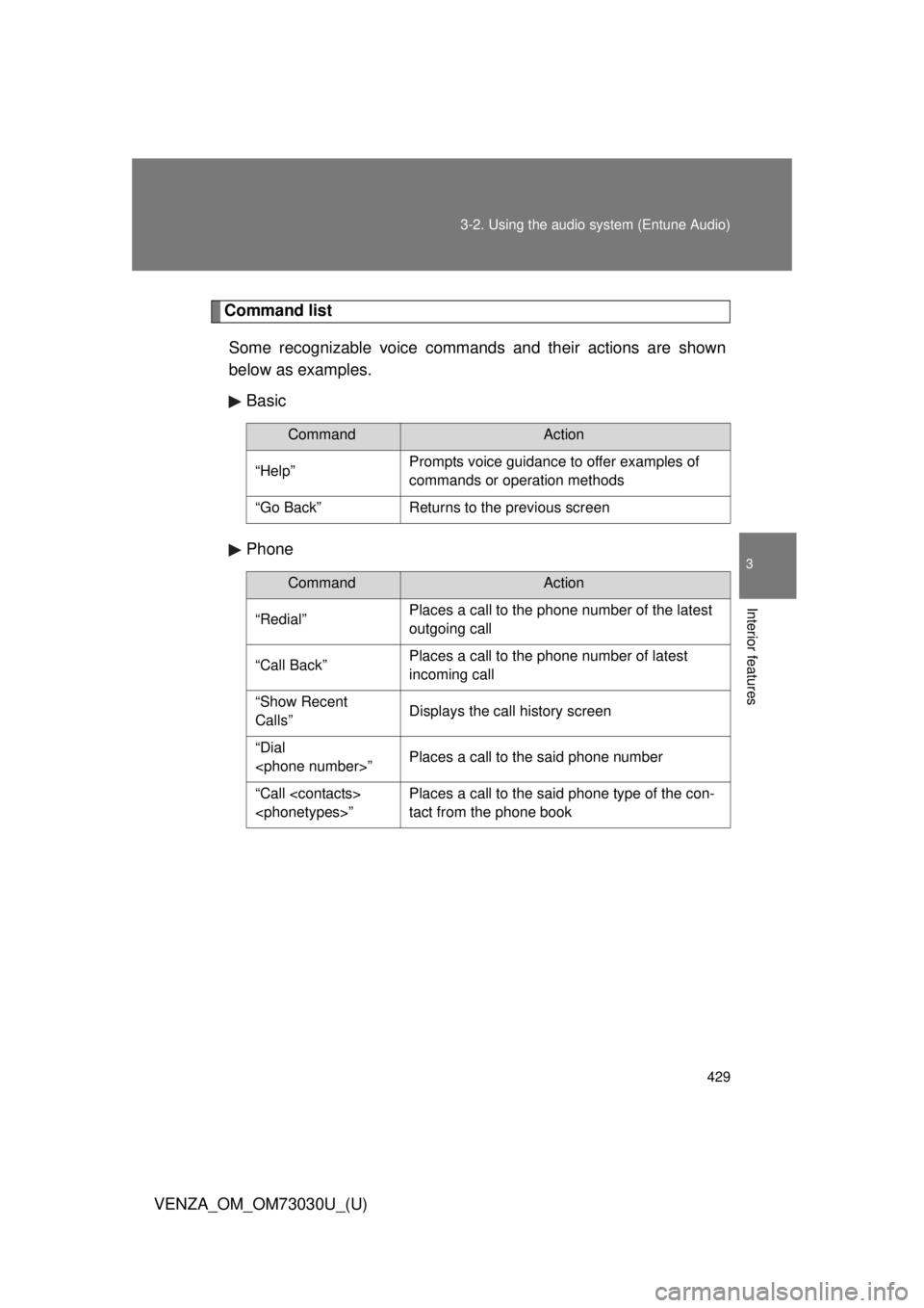 TOYOTA VENZA 2016  Owners Manual 4293-2. Using the audio system (Entune Audio)
VENZA_OM_OM73030U_(U) 3
Interior features Command list
Some recognizable voice commands and their actions are shown
below as examples.
Basic
Phone Command