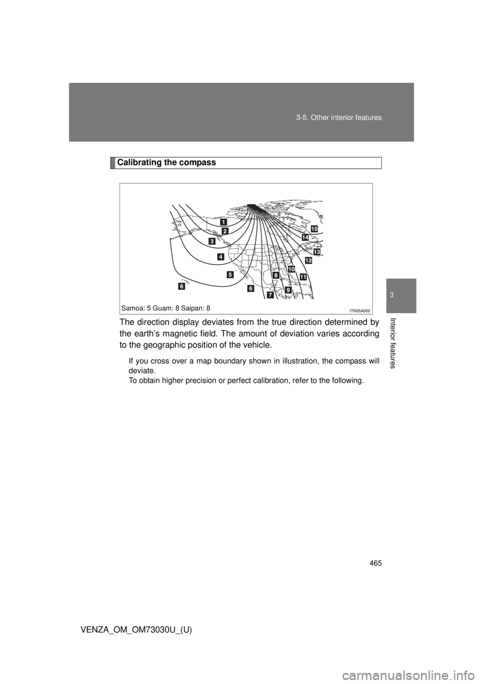 TOYOTA VENZA 2016  Owners Manual 4653-5. Other interior features
3
Interior features
VENZA_OM_OM73030U_(U) Calibrating the compass
The direction display deviates fr om the true direction determined by
the earth’s magnetic field. Th