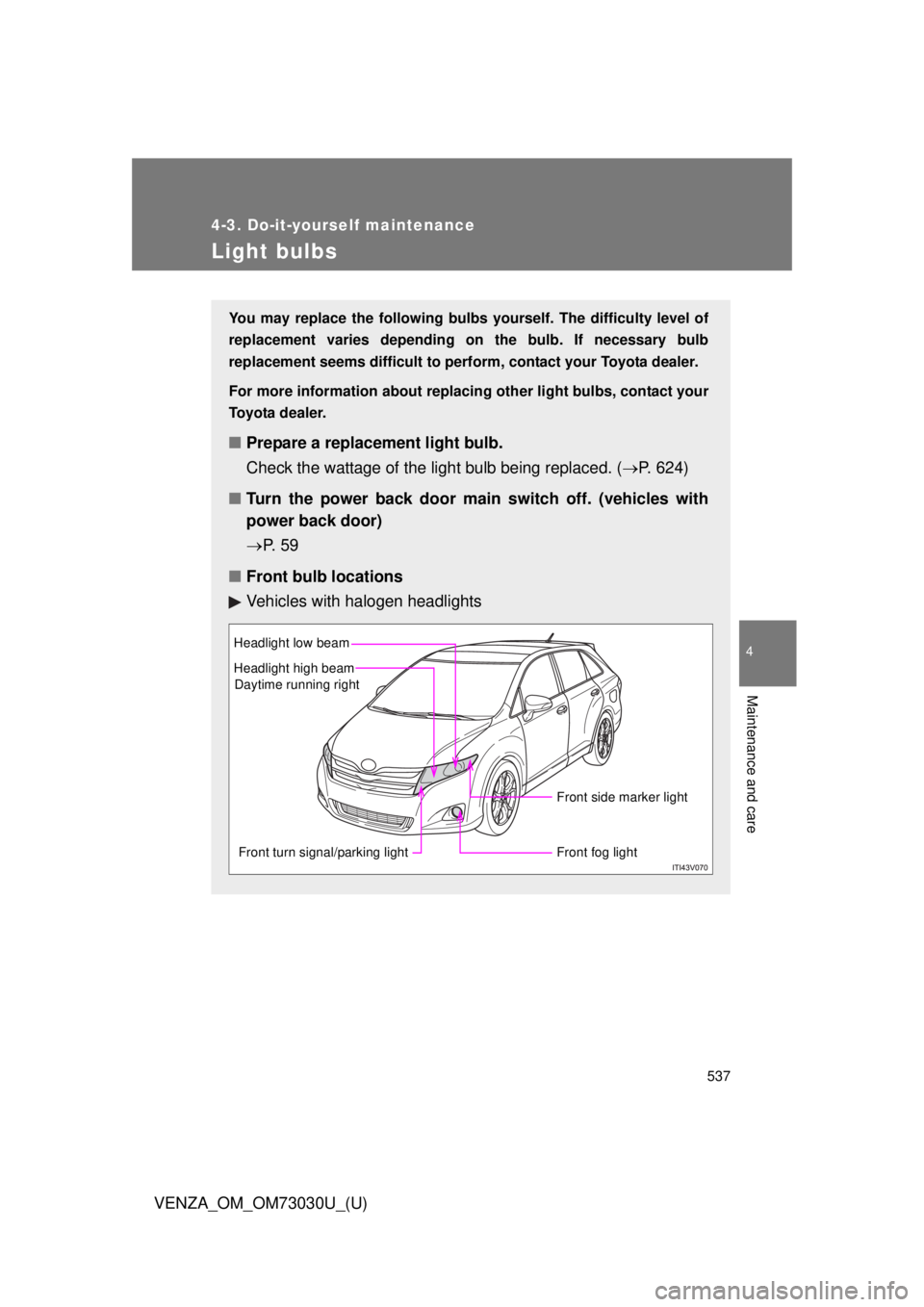 TOYOTA VENZA 2016  Owners Manual 5374-3. Do-it-yourself maintenance
4
Maintenance and care
VENZA_OM_OM73030U_(U) Light bulbs You may replace the following bulbs yourself. The difficulty level of
replacement varies depending on  the b
