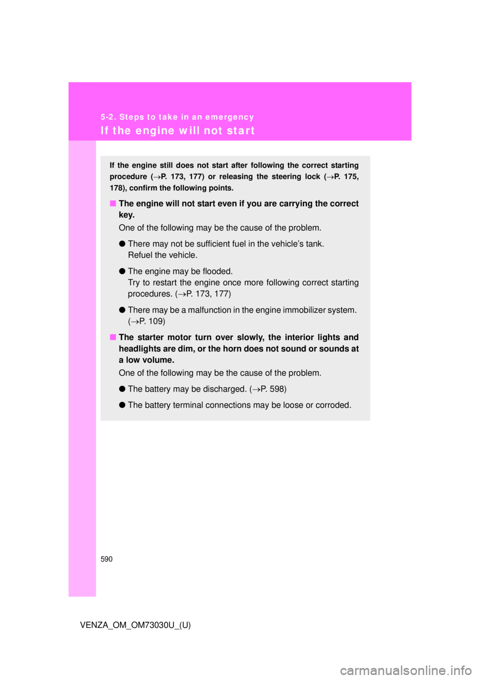 TOYOTA VENZA 2016  Owners Manual 5905-2. Steps to take in an emergency
VENZA_OM_OM73030U_(U)If the engine will not star t If the engine still does not start  after following the correct starting
procedure (  P. 173, 177) or releas