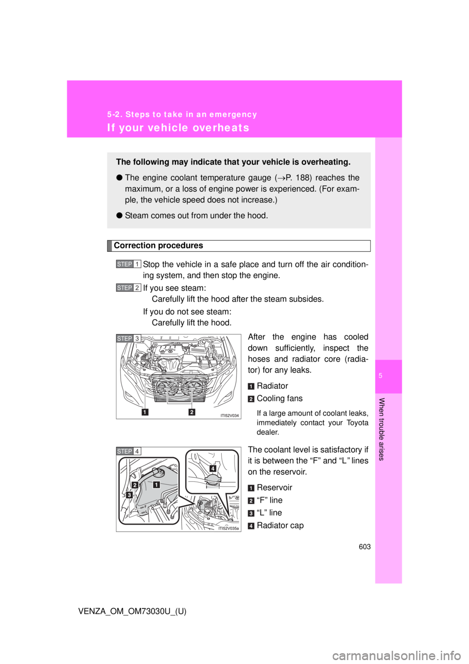 TOYOTA VENZA 2016  Owners Manual 5
When trouble arises
6035-2. Steps to take in an emergency
VENZA_OM_OM73030U_(U) If your vehicle overheats Correction procedures
Stop the vehicle in a safe place  and turn off the air condition-
ing 