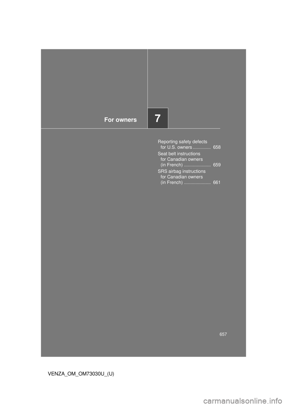 TOYOTA VENZA 2016  Owners Manual For owners
7
657
VENZA_OM_OM73030U_(U) Reporting safety defects 
for U.S. owners ..............  658
Seat belt instructions 
for Canadian owners 
(in French) .....................  659
SRS airbag inst