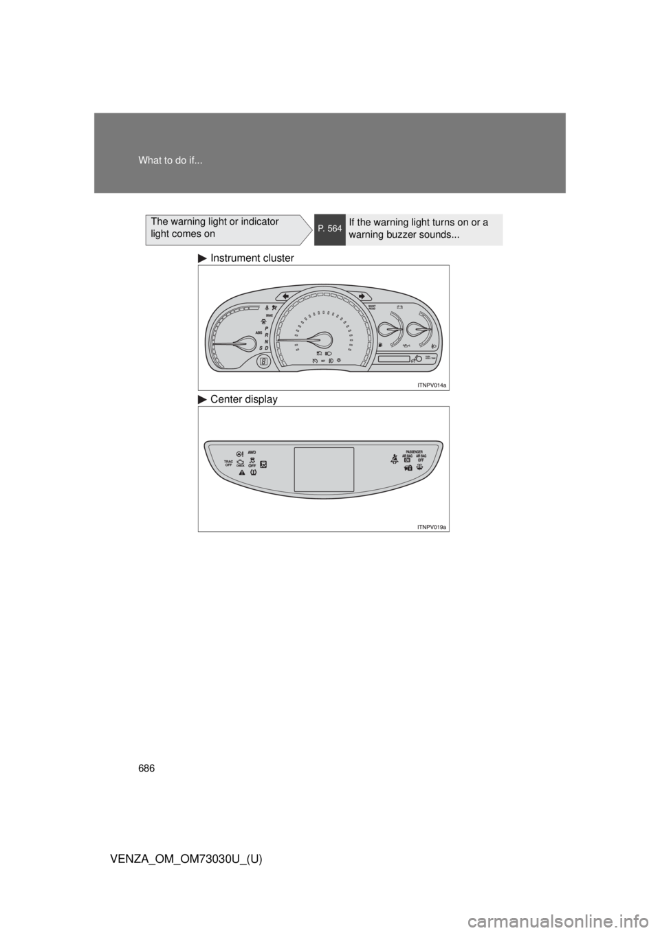 TOYOTA VENZA 2016 Owners Manual 686What to do if...
VENZA_OM_OM73030U_(U) The warning light or indicator
light comes on P. 564
If the warning light turns on or a
warning buzzer sounds...
Instrument cluster
Center display TOYOTA VENZA 2016 Owners Manual 686What to do if...
VENZA_OM_OM73030U_(U) The warning light or indicator
light comes on P. 564
If the warning light turns on or a
warning buzzer sounds...
Instrument cluster
Center display