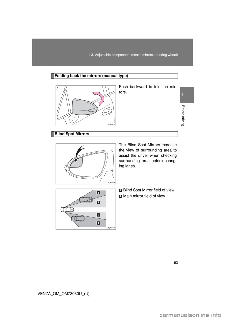 TOYOTA VENZA 2016 Owners Manual 931-3. Adjustable components (s eats, mirrors, steering wheel)
1
Before driving
VENZA_OM_OM73030U_(U) Folding back the mirrors (manual type)
Push backward to fold the mir-
rors.
Blind Spot Mirrors
The TOYOTA VENZA 2016 Owners Manual 931-3. Adjustable components (s eats, mirrors, steering wheel)
1
Before driving
VENZA_OM_OM73030U_(U) Folding back the mirrors (manual type)
Push backward to fold the mir-
rors.
Blind Spot Mirrors
The