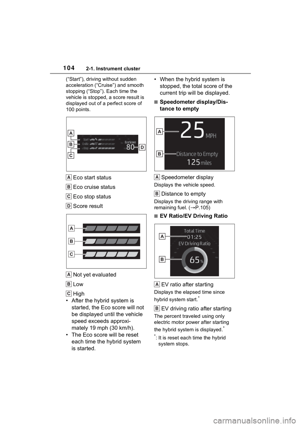 TOYOTA VENZA HYBRID 2023 Owners Manual 1042-1. Instrument cluster
(“Start”), driving without sudden
acceleration (“Cruise”) and smooth
stopping (“Stop”). Each time the
vehicle is stopped, a score result is
displayed out of TOYOTA VENZA HYBRID 2023 Owners Manual 1042-1. Instrument cluster
(“Start”), driving without sudden
acceleration (“Cruise”) and smooth
stopping (“Stop”). Each time the
vehicle is stopped, a score result is
displayed out of