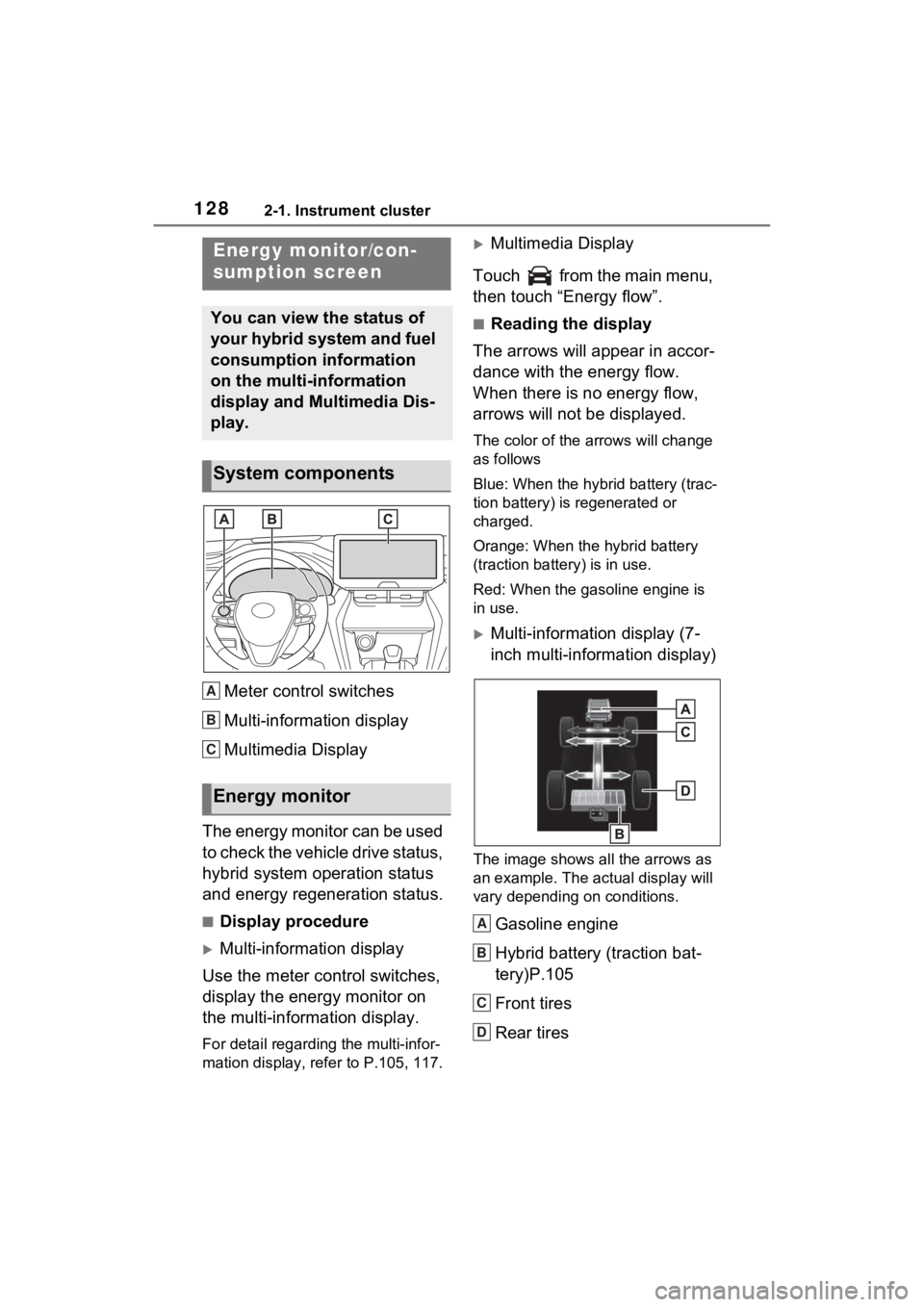 TOYOTA VENZA HYBRID 2023  Owners Manual 1282-1. Instrument cluster
Meter control switches
Multi-information display
Multimedia Display
The energy monitor can be used 
to check the vehicle drive status, 
hybrid system operation status 
and e