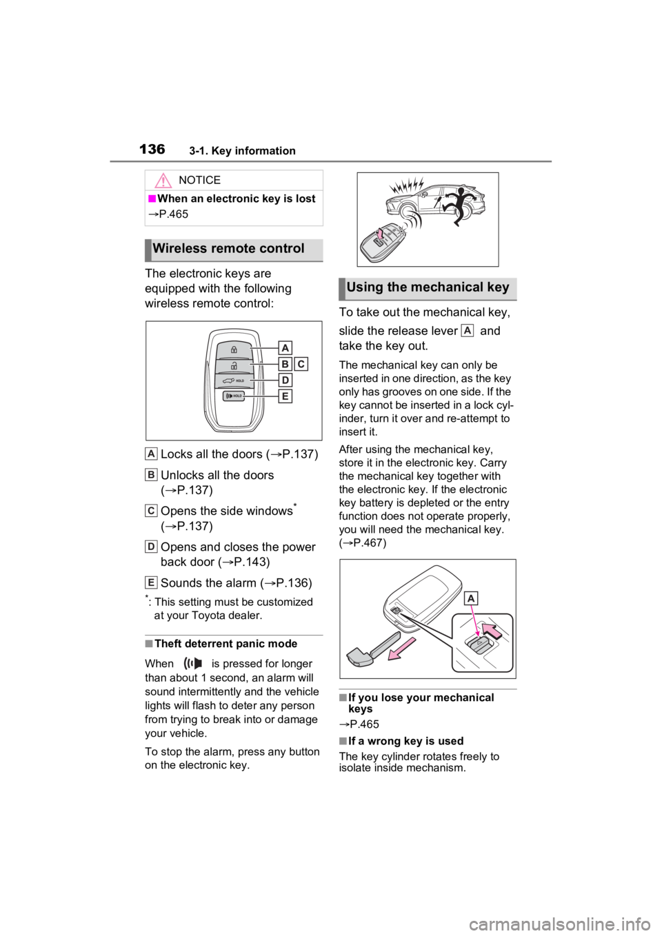 TOYOTA VENZA HYBRID 2023  Owners Manual 1363-1. Key information
The electronic keys are 
equipped with the following 
wireless remote control:Locks all the doors ( P.137)
Unlocks all the doors 
( P.137)
Opens the side windows
*
( P