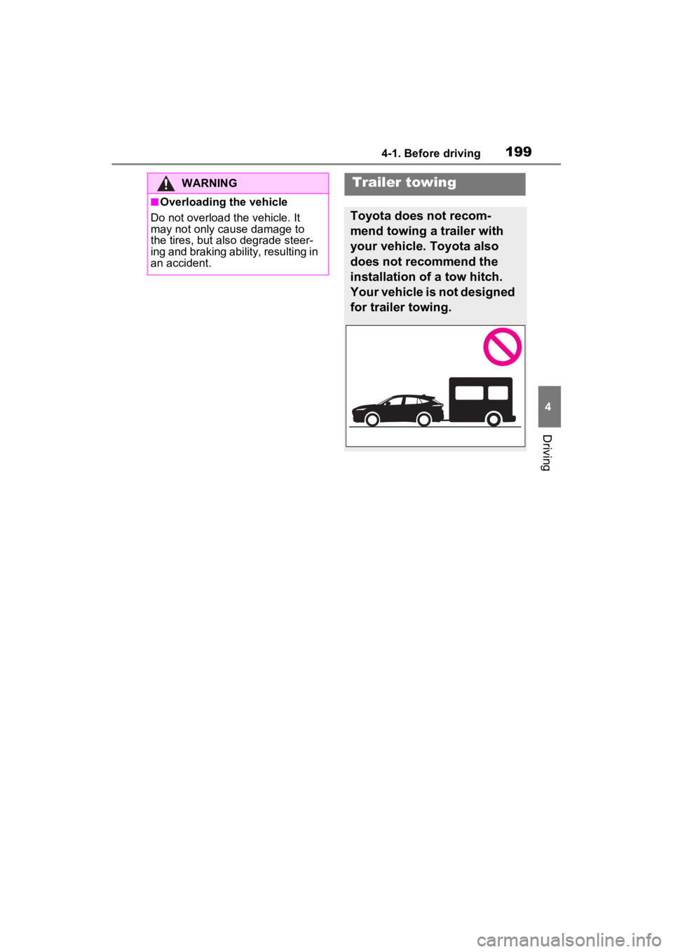 TOYOTA VENZA HYBRID 2023  Owners Manual 1994-1. Before driving
4
Driving
WARNING
■Overloading the vehicle
Do not overload the vehicle. It 
may not only cause damage to 
the tires, but also degrade steer-
ing and braking ability, resulting