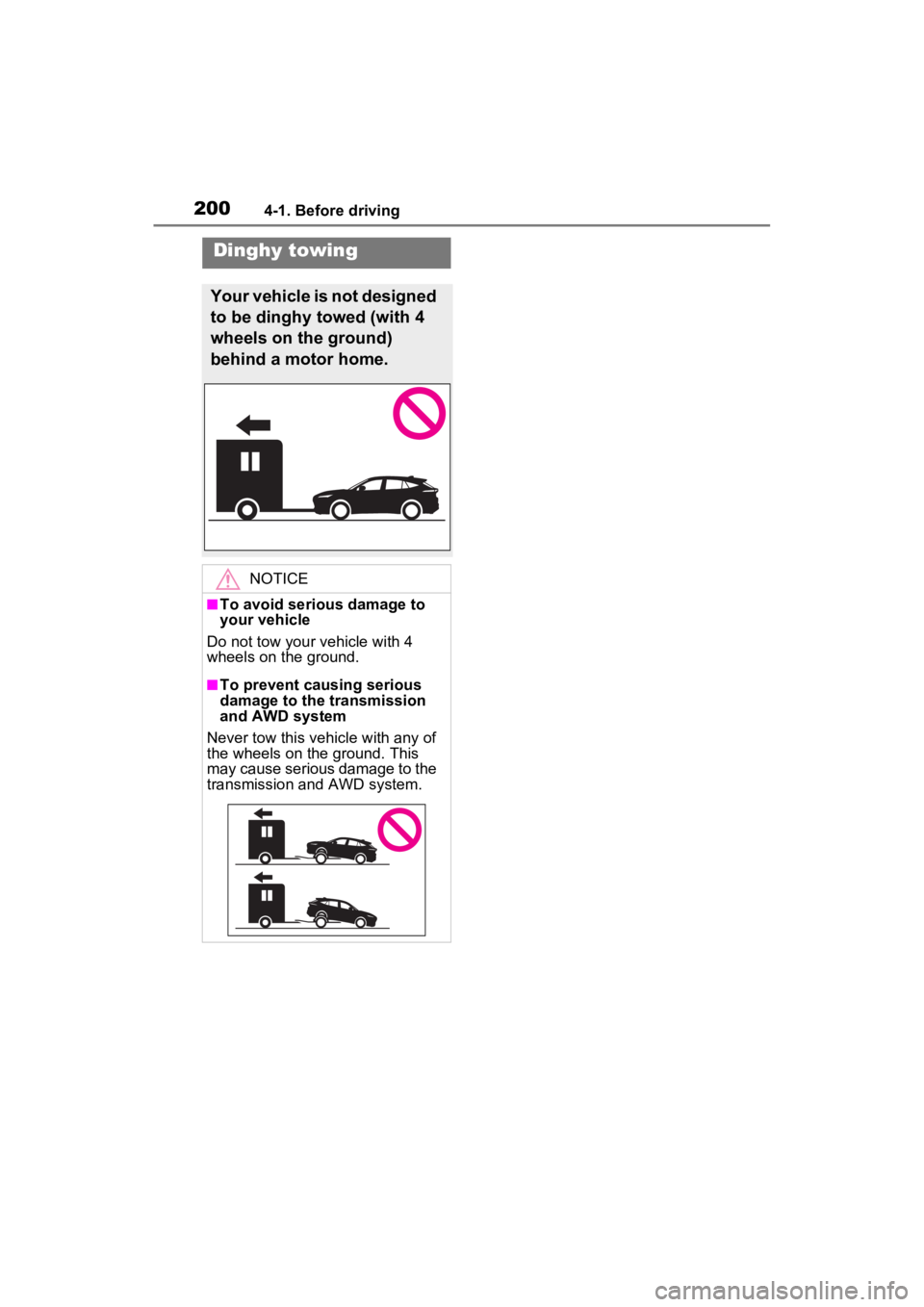 TOYOTA VENZA HYBRID 2023  Owners Manual 2004-1. Before driving
Dinghy towing
Your vehicle is not designed 
to be dinghy towed (with 4 
wheels on the ground) 
behind a motor home.
NOTICE
■To avoid serious damage to 
your vehicle
Do not tow
