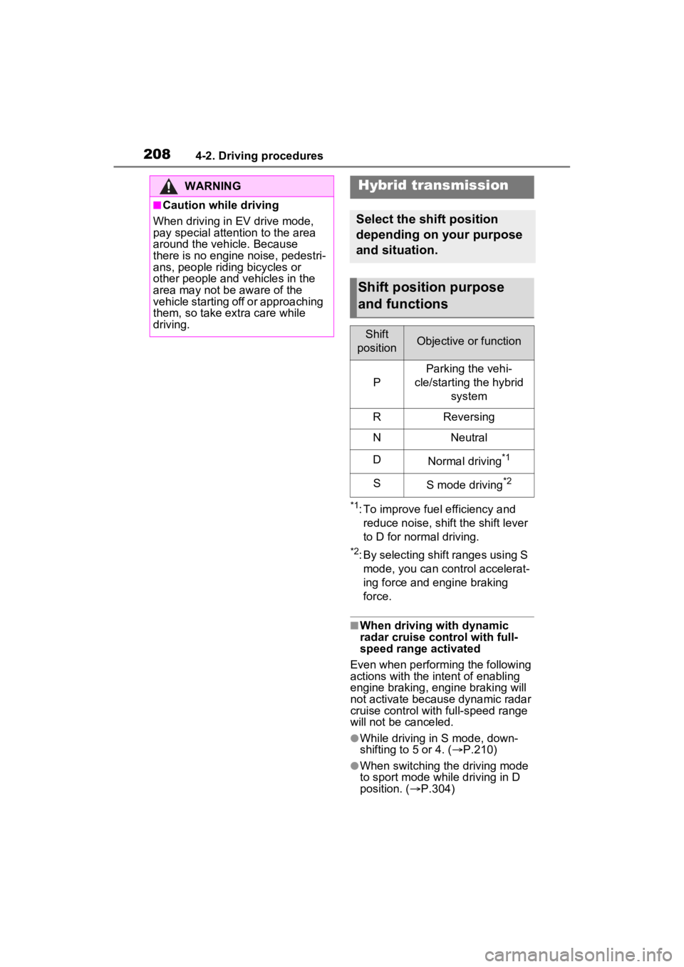 TOYOTA VENZA HYBRID 2023  Owners Manual 2084-2. Driving procedures
*1: To improve fuel efficiency and reduce noise, shift the shift lever 
to D for normal driving.
*2: By selecting shift ranges using S mode, you can control accelerat-
ing f