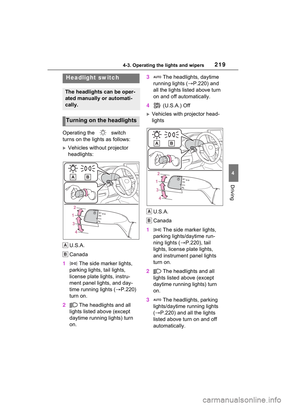 TOYOTA VENZA HYBRID 2023 Owners Manual 2194-3. Operating the lights and wipers
4
Driving
4-3.Operating the lights and wipers
Operating the switch
turns on the lights as follows:
Vehicles without projector
headlights:
U.S.A.
Canada
1 TOYOTA VENZA HYBRID 2023 Owners Manual 2194-3. Operating the lights and wipers
4
Driving
4-3.Operating the lights and wipers
Operating the switch
turns on the lights as follows:
Vehicles without projector
headlights:
U.S.A.
Canada
1