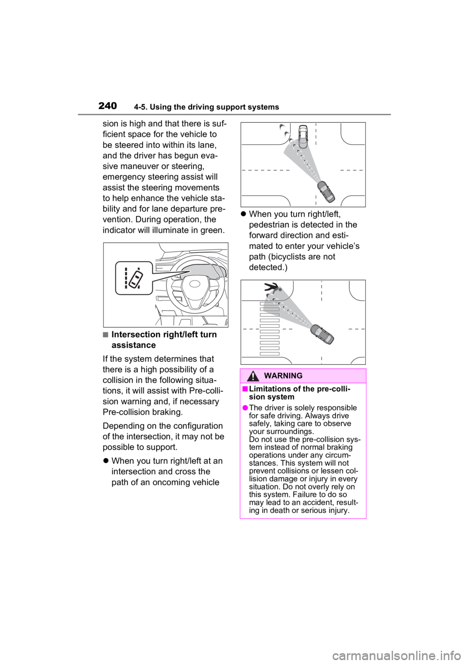 TOYOTA VENZA HYBRID 2023  Owners Manual 2404-5. Using the driving support systems
sion is high and that there is suf-
ficient space for the vehicle to 
be steered into within its lane, 
and the driver has begun eva-
sive maneuver or steerin