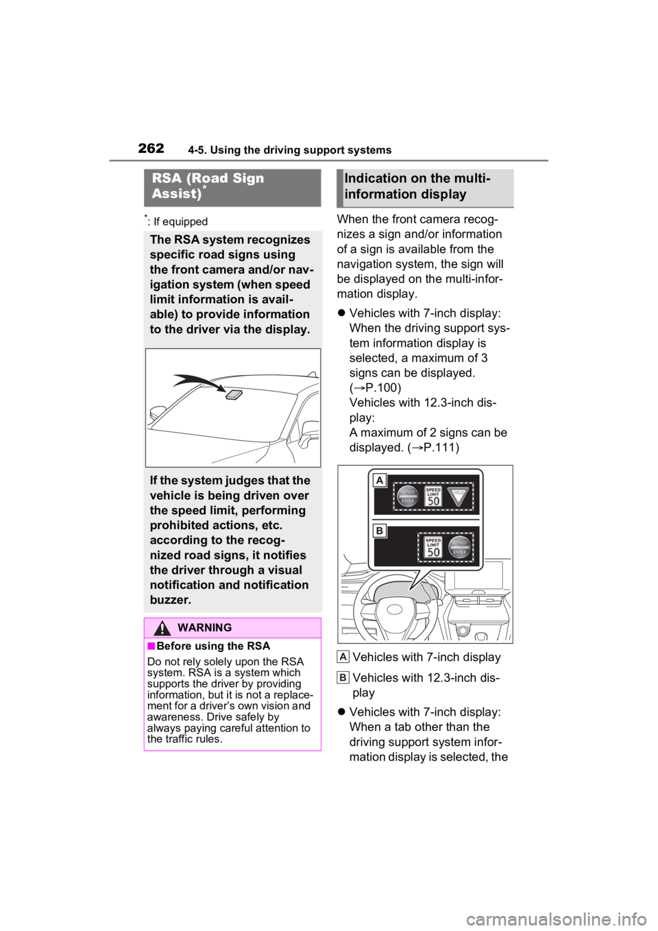 TOYOTA VENZA HYBRID 2023  Owners Manual 2624-5. Using the driving support systems
*: If equippedWhen the front camera recog-
nizes a sign and/or information 
of a sign is available from the 
navigation system, the sign will 
be displayed on