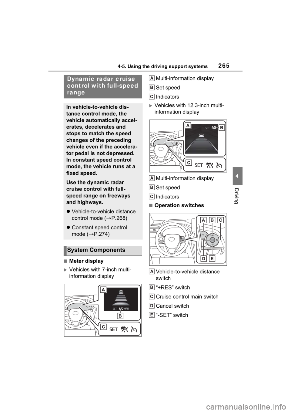TOYOTA VENZA HYBRID 2023 Owners Manual 2654-5. Using the driving support systems
4
Driving
■Meter display
Vehicles with 7-inch multi-
information displayMulti-information display
Set speed
Indicators
Vehicles with 12.3-inch multi-
TOYOTA VENZA HYBRID 2023 Owners Manual 2654-5. Using the driving support systems
4
Driving
■Meter display
Vehicles with 7-inch multi-
information displayMulti-information display
Set speed
Indicators
Vehicles with 12.3-inch multi-