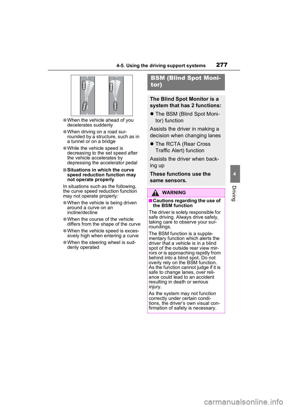 TOYOTA VENZA HYBRID 2023 Owners Manual 2774-5. Using the driving support systems
4
Driving
●When the vehicle ahead of you
decelerates suddenly
●When driving on a road sur-
rounded by a structure, such as in
a tunnel or on a bridge
TOYOTA VENZA HYBRID 2023 Owners Manual 2774-5. Using the driving support systems
4
Driving
●When the vehicle ahead of you
decelerates suddenly
●When driving on a road sur-
rounded by a structure, such as in
a tunnel or on a bridge