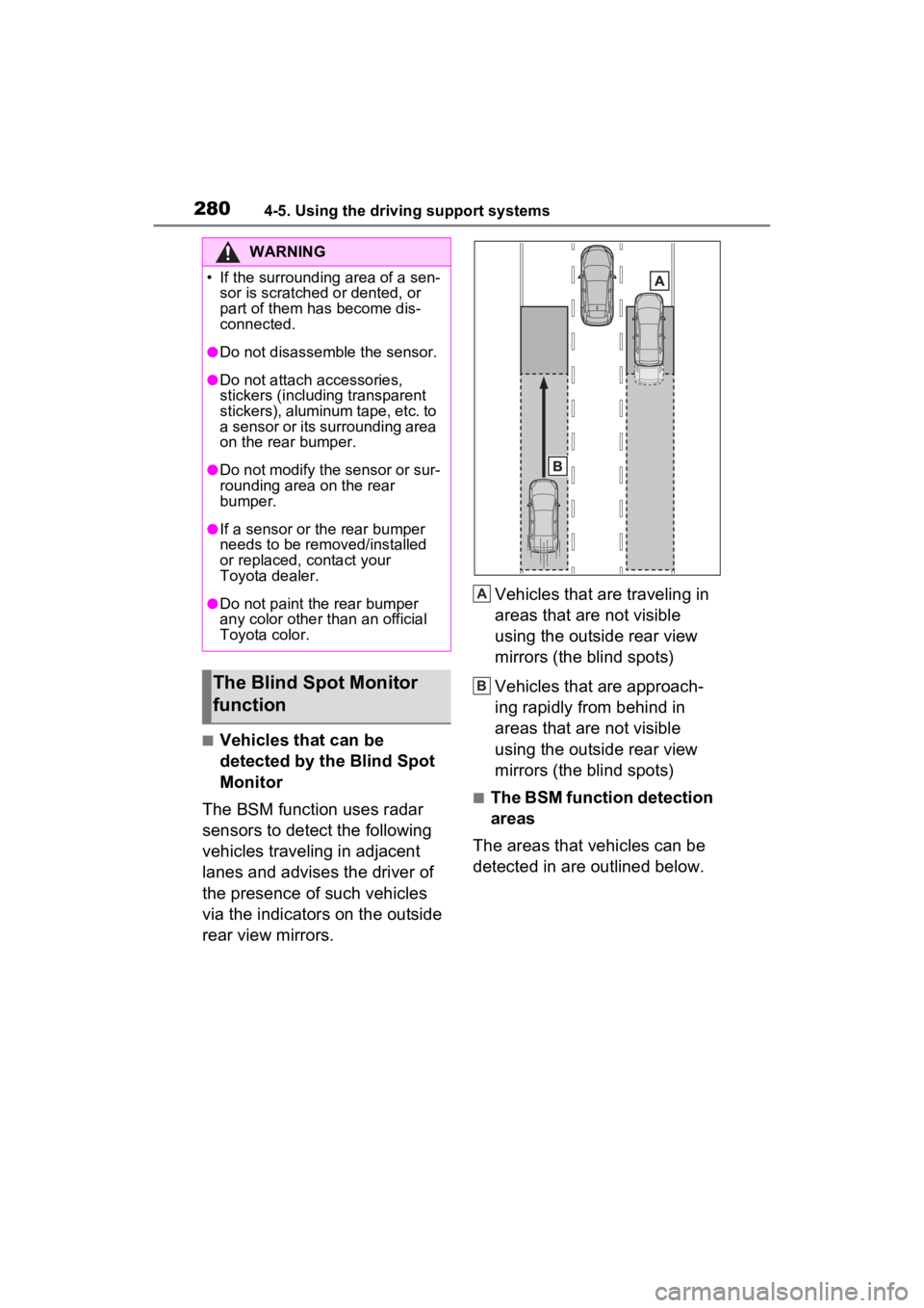 TOYOTA VENZA HYBRID 2023  Owners Manual 2804-5. Using the driving support systems
■Vehicles that can be 
detected by the Blind Spot 
Monitor
The BSM function uses radar 
sensors to detect the following 
vehicles traveling in adjacent 
lan