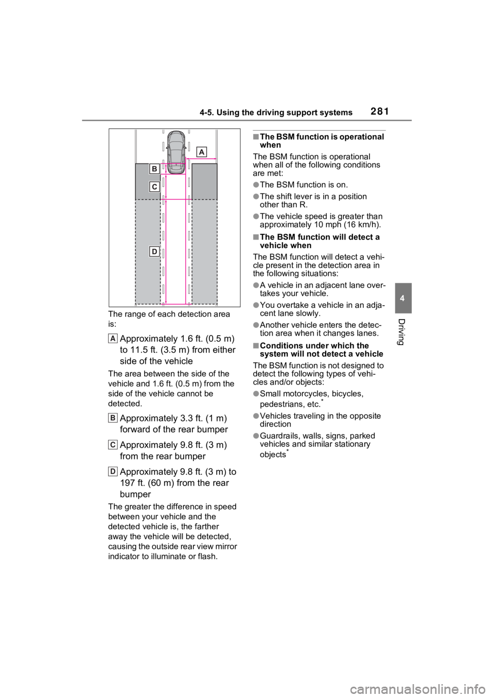 TOYOTA VENZA HYBRID 2023 Owners Manual 2814-5. Using the driving support systems
4
DrivingThe range of each detection area
is:
Approximately 1.6 ft. (0.5 m)
to 11.5 ft. (3.5 m) from either
side of the vehicle
The area between the side o TOYOTA VENZA HYBRID 2023 Owners Manual 2814-5. Using the driving support systems
4
DrivingThe range of each detection area
is:
Approximately 1.6 ft. (0.5 m)
to 11.5 ft. (3.5 m) from either
side of the vehicle
The area between the side o