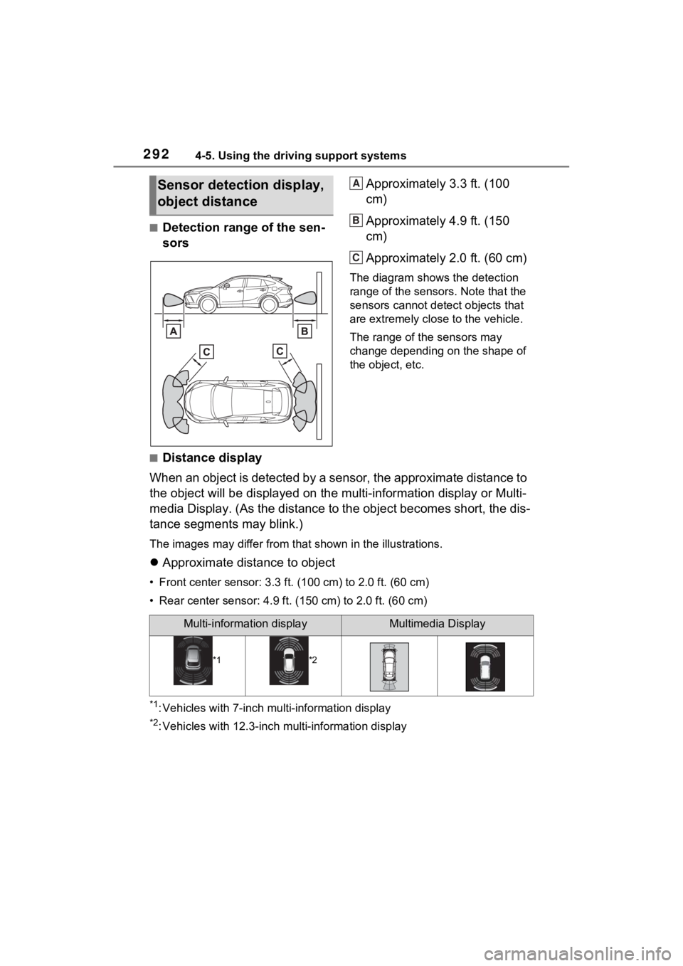 TOYOTA VENZA HYBRID 2023  Owners Manual 2924-5. Using the driving support systems
■Detection range of the sen-
sorsApproximately 3.3 ft. (100 
cm)
Approximately 4.9 ft. (150 
cm)
Approximately 2.0 ft. (60 cm)
The diagram shows the detecti