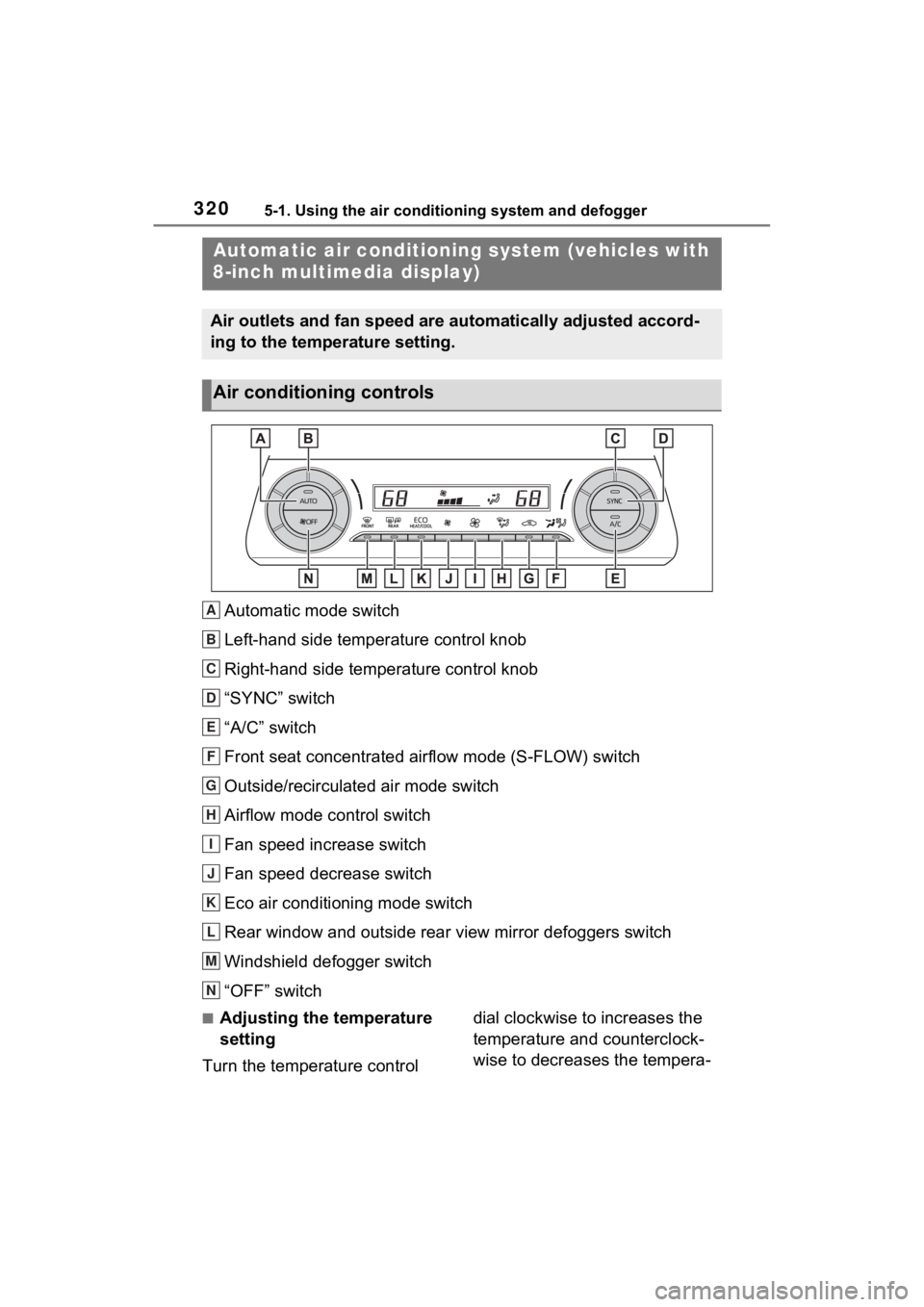 TOYOTA VENZA HYBRID 2023 Owners Manual 3205-1. Using the air conditioning system and defogger
5-1.Using the air conditioning system and defogger
Automatic mode switch
Left-hand side temperature control knob
Right-hand side temperature cont TOYOTA VENZA HYBRID 2023 Owners Manual 3205-1. Using the air conditioning system and defogger
5-1.Using the air conditioning system and defogger
Automatic mode switch
Left-hand side temperature control knob
Right-hand side temperature cont