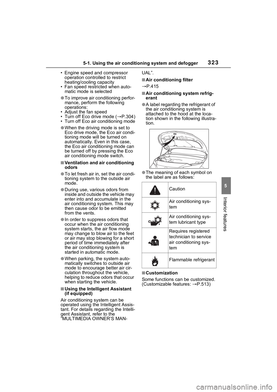 TOYOTA VENZA HYBRID 2023 Owners Manual 3235-1. Using the air conditioning system and defogger
5
Interior features
• Engine speed and compressor operation controlled to restrict
heating/cooling capacity
• Fan speed restr icted when aut TOYOTA VENZA HYBRID 2023 Owners Manual 3235-1. Using the air conditioning system and defogger
5
Interior features
• Engine speed and compressor operation controlled to restrict
heating/cooling capacity
• Fan speed restr icted when aut