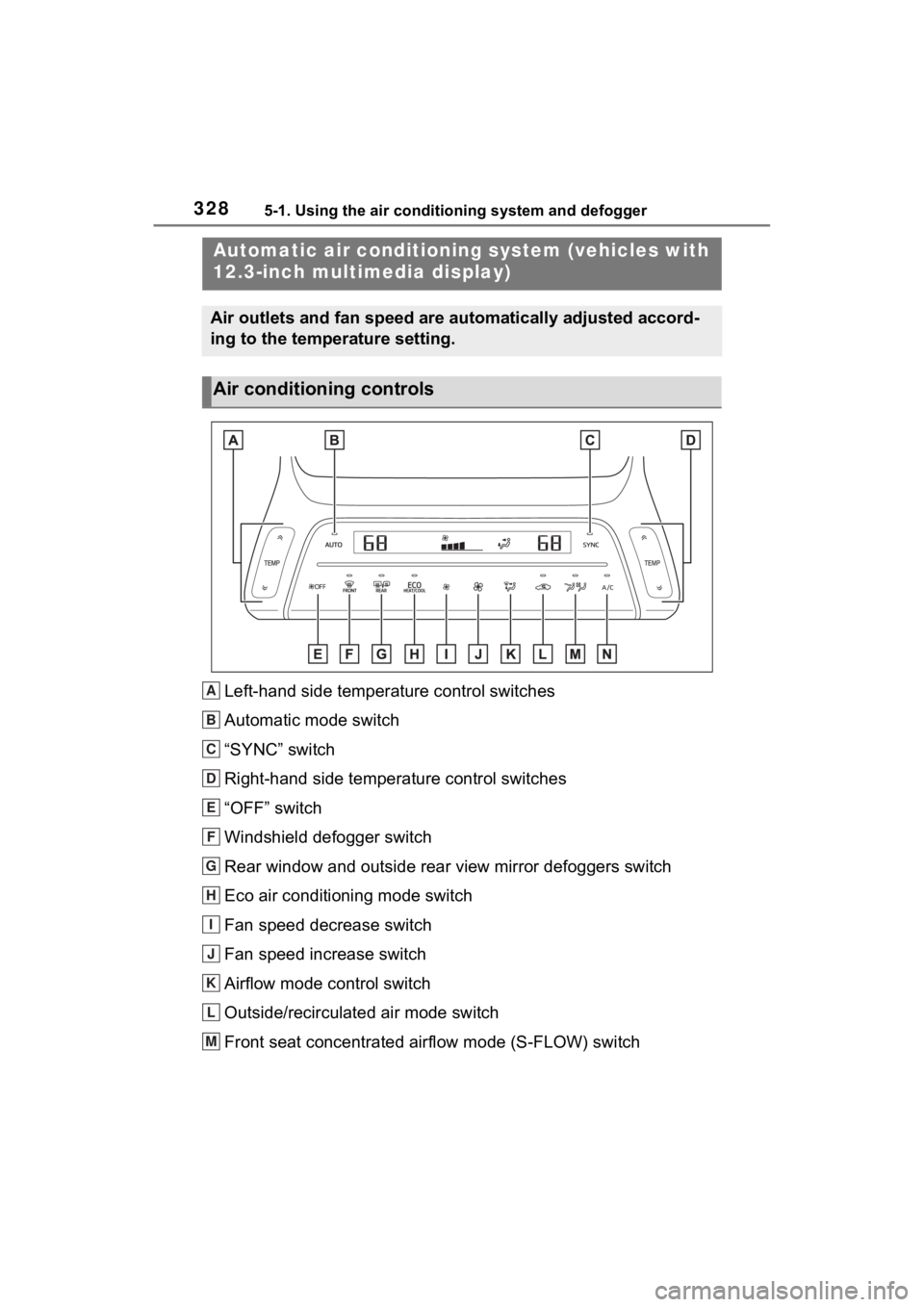 TOYOTA VENZA HYBRID 2023 Owners Manual 3285-1. Using the air conditioning system and defogger
Left-hand side temperature control switches
Automatic mode switch
“SYNC” switch
Right-hand side temperature control switches
“OFF” switch TOYOTA VENZA HYBRID 2023 Owners Manual 3285-1. Using the air conditioning system and defogger
Left-hand side temperature control switches
Automatic mode switch
“SYNC” switch
Right-hand side temperature control switches
“OFF” switch