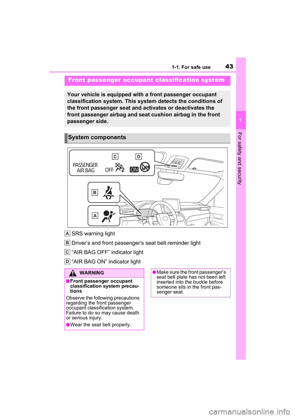 TOYOTA VENZA HYBRID 2023 Service Manual 431-1. For safe use
1
For safety and security
SRS warning light
Driver’s and front passenger’s seat belt reminder light
“AIR BAG OFF” indicator light
“AIR BAG ON” indicator light
Front pas TOYOTA VENZA HYBRID 2023 Service Manual 431-1. For safe use
1
For safety and security
SRS warning light
Driver’s and front passenger’s seat belt reminder light
“AIR BAG OFF” indicator light
“AIR BAG ON” indicator light
Front pas