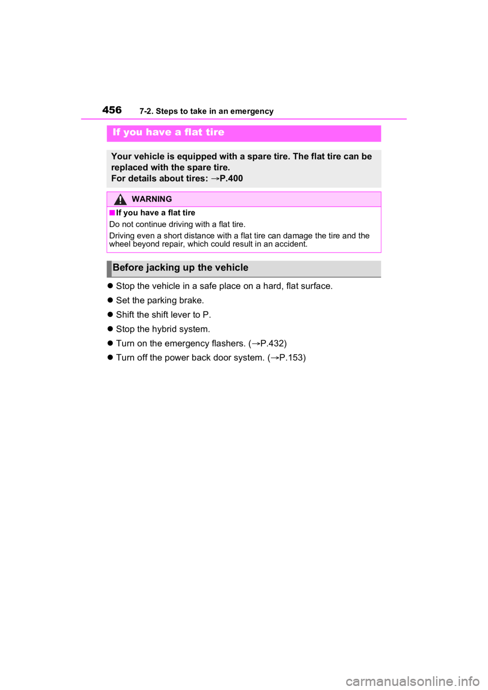 TOYOTA VENZA HYBRID 2023  Owners Manual 4567-2. Steps to take in an emergency
Stop the vehicle in a safe place on a hard, flat surface.
 Set the parking brake.
 Shift the shift lever to P.
 Stop the hybrid system.
 Turn on th