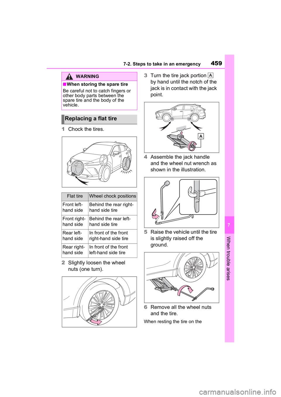 TOYOTA VENZA HYBRID 2023  Owners Manual 4597-2. Steps to take in an emergency
7
When trouble arises
1Chock the tires.
2 Slightly loosen the wheel 
nuts (one turn). 3
Turn the tire jack portion   
by hand until the notch of the 
jack is in c