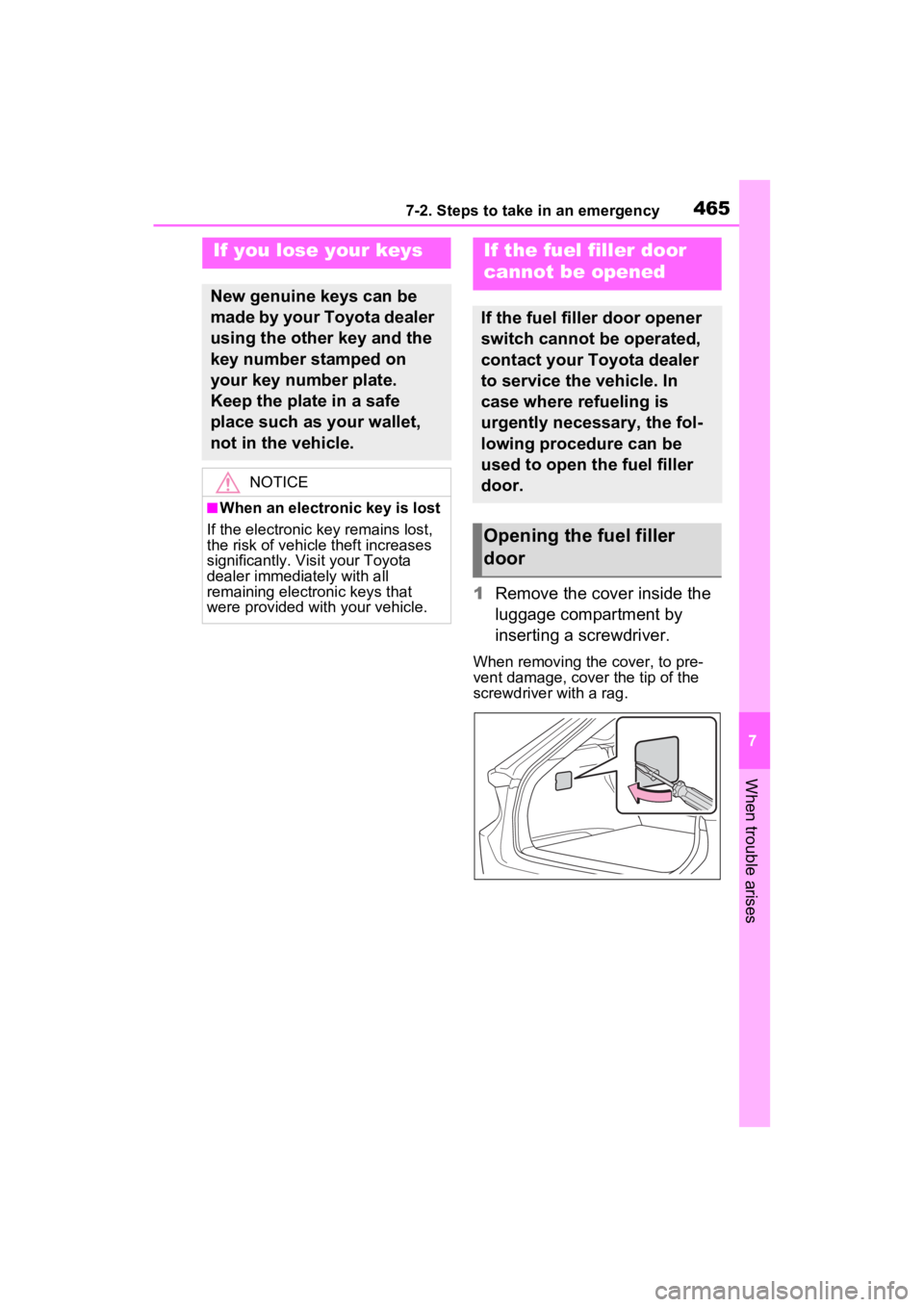 TOYOTA VENZA HYBRID 2023  Owners Manual 4657-2. Steps to take in an emergency
7
When trouble arises
1Remove the cover inside the 
luggage compartment by 
inserting a screwdriver.
When removing the cover, to pre-
vent damage, cover the tip o