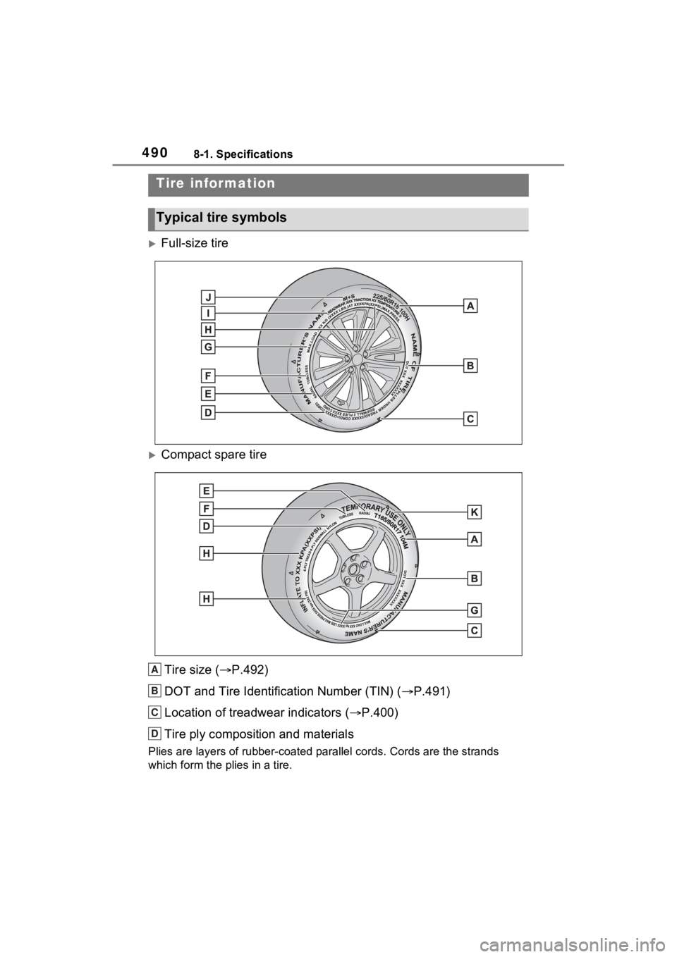 TOYOTA VENZA HYBRID 2023  Owners Manual 4908-1. Specifications
Full-size tire
Compact spare tireTire size ( P.492)
DOT and Tire Identification Number (TIN) ( P.491)
Location of treadwear indicators ( P.400)
Tire ply compositi