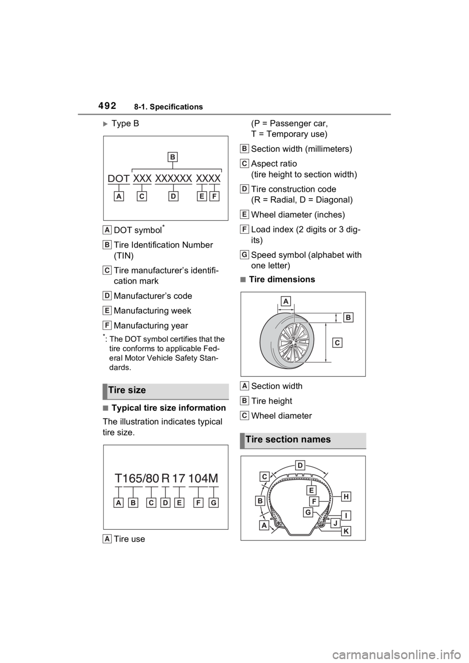 TOYOTA VENZA HYBRID 2023 Owners Manual 4928-1. Specifications
Type BDOT symbol
*
Tire Identification Number
(TIN)
Tire manufacturer’s identifi-
cation mark
Manufacturer’s code
Manufacturing week
Manufacturing year
*: The DOT symbol TOYOTA VENZA HYBRID 2023 Owners Manual 4928-1. Specifications
Type BDOT symbol
*
Tire Identification Number
(TIN)
Tire manufacturer’s identifi-
cation mark
Manufacturer’s code
Manufacturing week
Manufacturing year
*: The DOT symbol