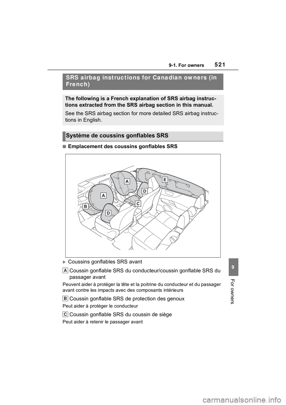 TOYOTA VENZA HYBRID 2023  Owners Manual 5219-1. For owners
9
For owners
■Emplacement des coussins gonflables SRS
Coussins gonflables SRS avantCoussin gonflable SRS du conducteur/coussin gonflable SRS du 
passager avant
Peuvent aider à