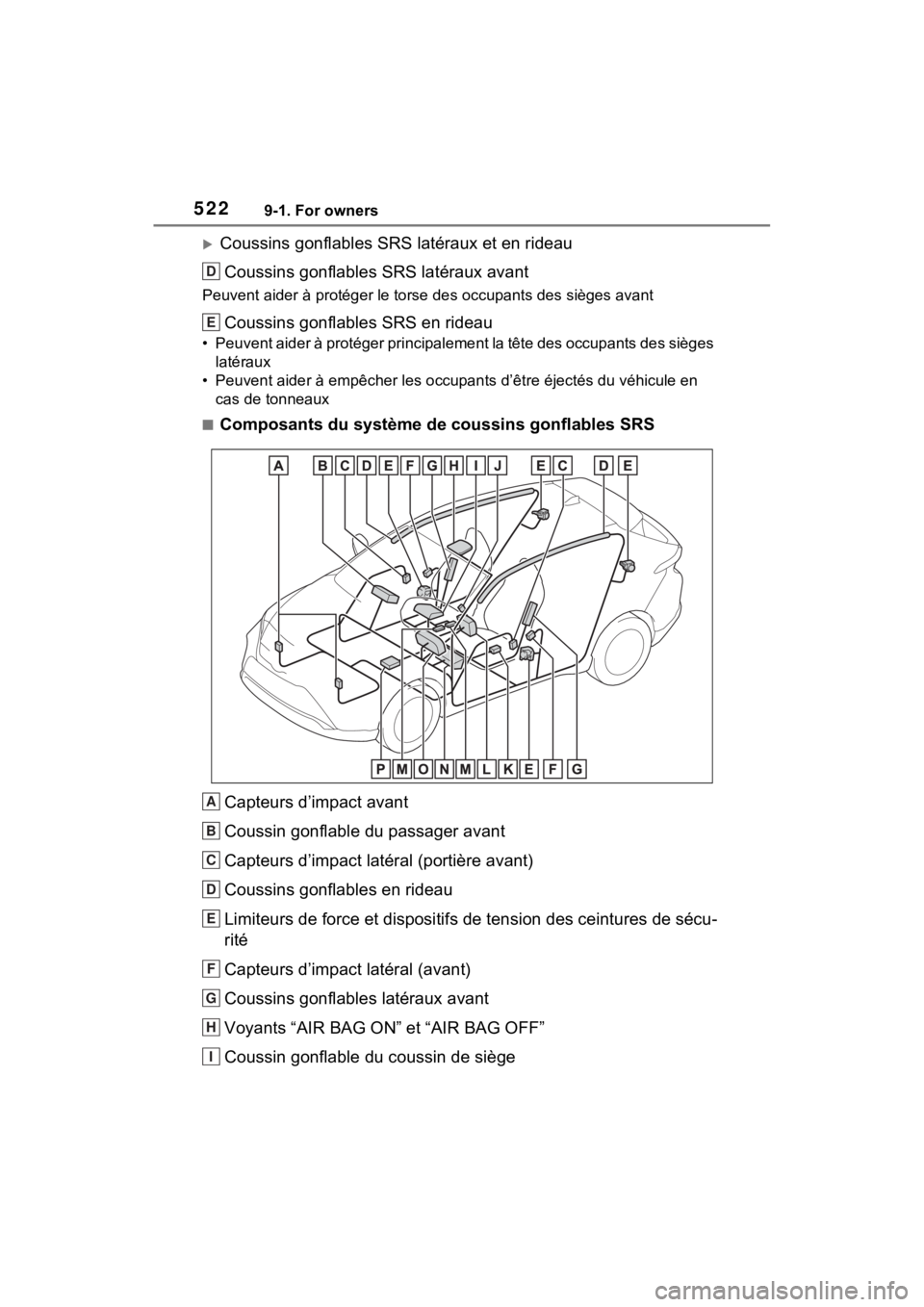 TOYOTA VENZA HYBRID 2023  Owners Manual 5229-1. For owners
Coussins gonflables SRS latéraux et en rideauCoussins gonflables SRS latéraux avant
Peuvent aider à protéger le torse des occupants des sièges avan t
Coussins gonflables SRS