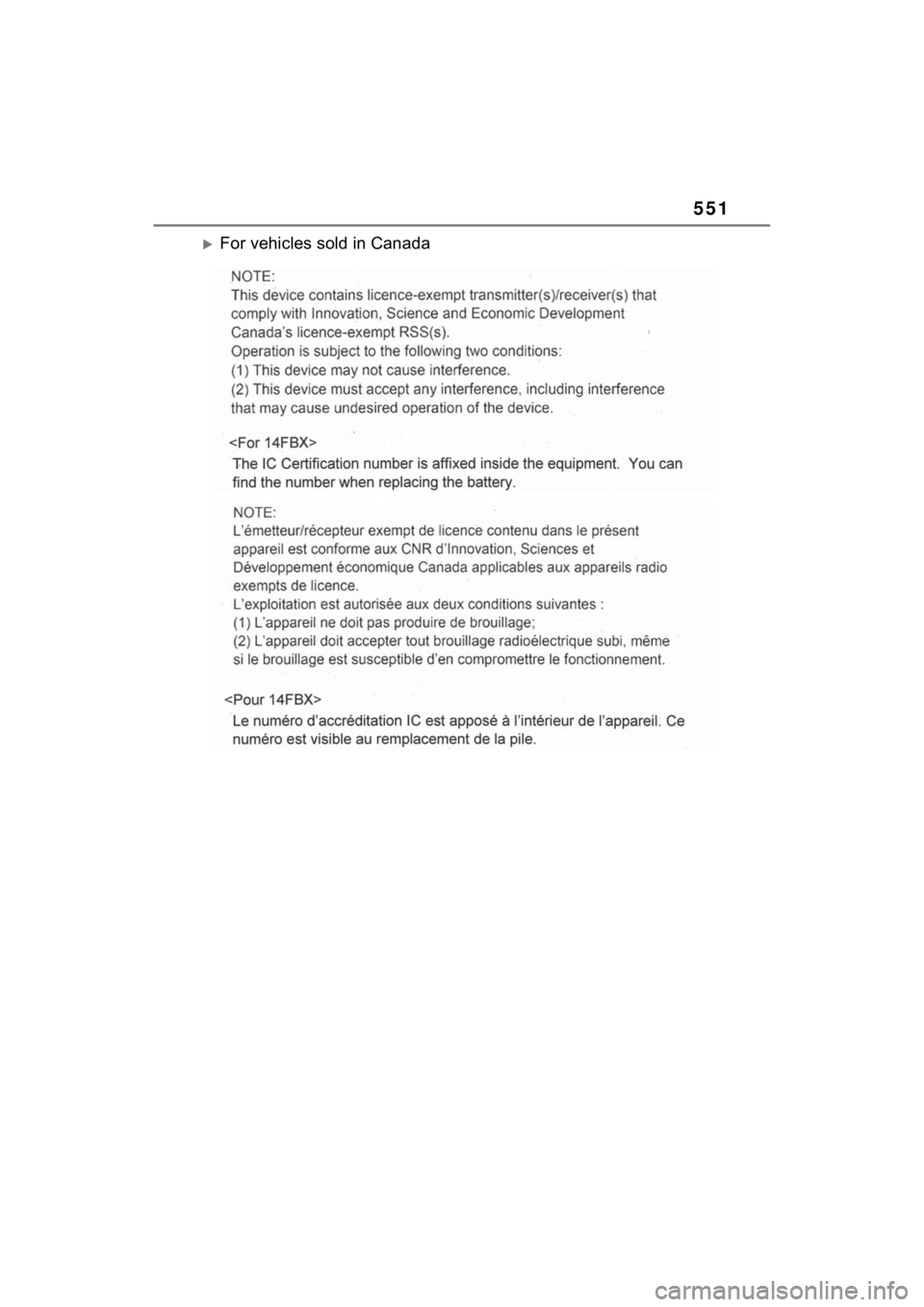 TOYOTA VENZA HYBRID 2023  Owners Manual 551
For vehicles sold in Canada 