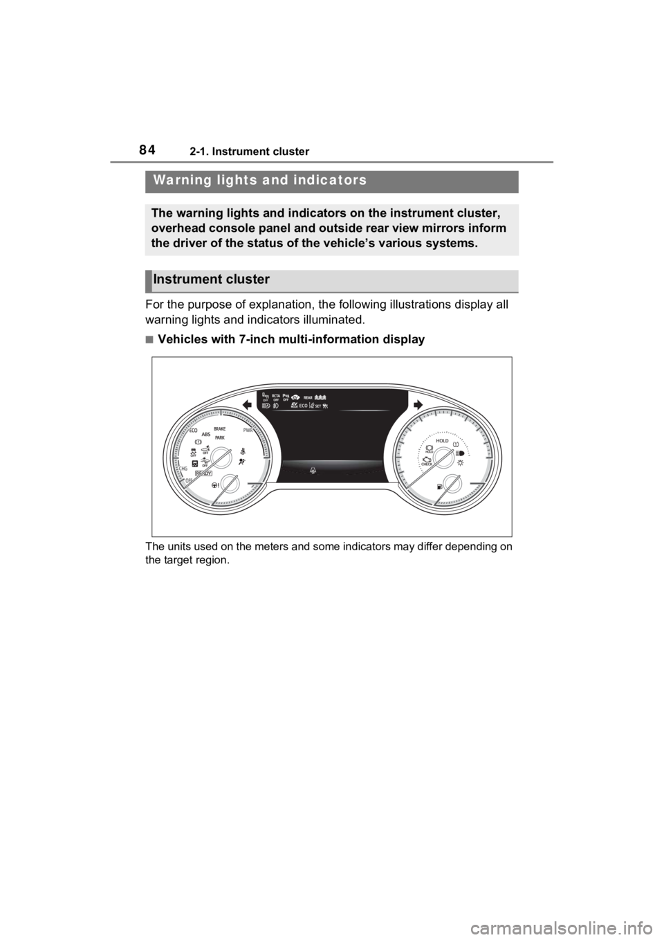 TOYOTA VENZA HYBRID 2023 Manual Online 842-1. Instrument cluster
2-1.Instrument cluster
For the purpose of explanation, the following illustrations display all 
warning lights and indicators illuminated.
■Vehicles with 7-inch multi-infor