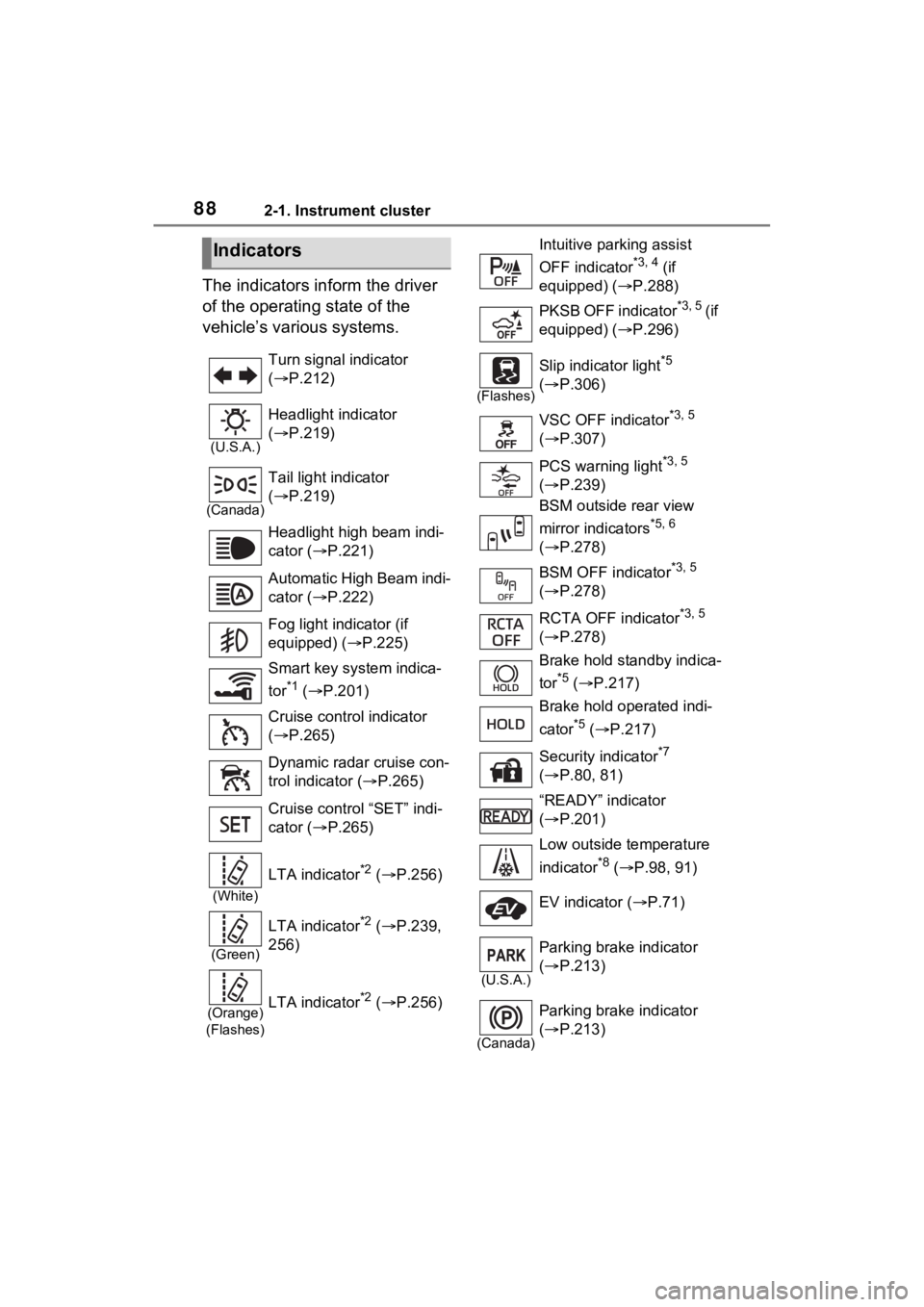 TOYOTA VENZA HYBRID 2023  Owners Manual 882-1. Instrument cluster
The indicators inform the driver 
of the operating state of the 
vehicle’s various systems.
Indicators
Turn signal indicator 
( P.212)
(U.S.A.)
Headlight indicator 
(