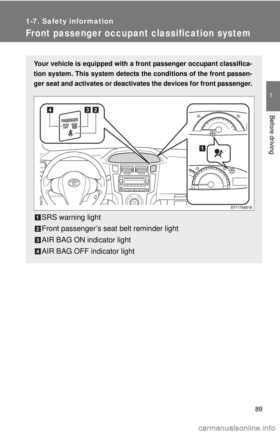 TOYOTA YARIS HATCHBACK 2008 Owners Manual 89
1
1-7. Safety information
Before driving
Front passenger occupant classification system
Your vehicle is equipped with a front passenger occupant classifica-
tion system. This system detects the co TOYOTA YARIS HATCHBACK 2008 Owners Manual 89
1
1-7. Safety information
Before driving
Front passenger occupant classification system
Your vehicle is equipped with a front passenger occupant classifica-
tion system. This system detects the co
