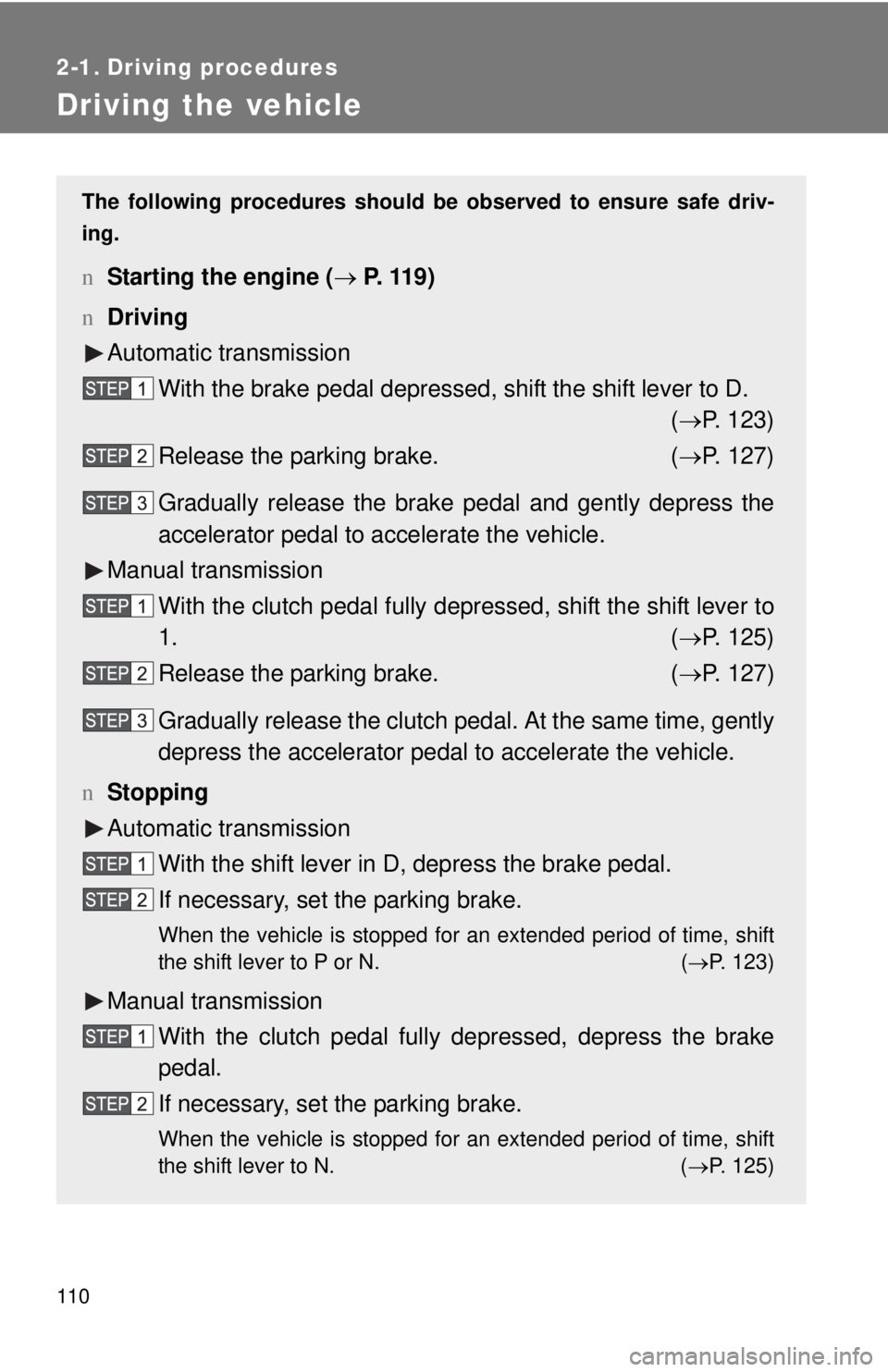 TOYOTA YARIS HATCHBACK 2008  Owners Manual 110
2-1. Driving procedures
Driving the vehicle
The following procedures should be observed to ensure safe driv-
ing.
n Starting the engine ( → P. 119)
n Driving
Automatic transmission
With the brak