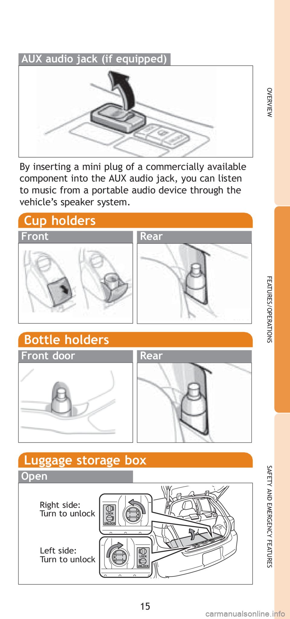 TOYOTA YARIS HATCHBACK 2008 User Guide 15
OVERVIEW
FEATURES/OPERATIONS
SAFETY AND EMERGENCY FEATURES
By inserting a mini plug of a commercially available
component into the AUX audio jack, you can listen
to music from a portable audio devi