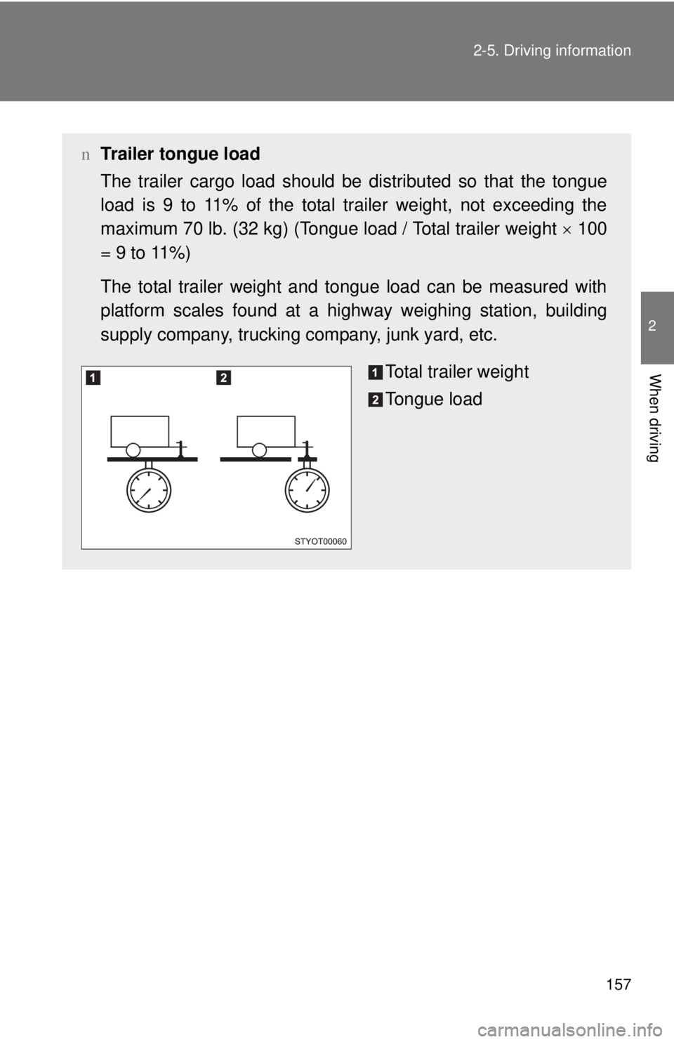 TOYOTA YARIS HATCHBACK 2008  Owners Manual 157
2-5. Driving information
2
When driving
n
Trailer tongue load
The trailer cargo load should be  distributed so that the tongue
load is 9 to 11% of the total trailer weight, not exceeding the
maxim