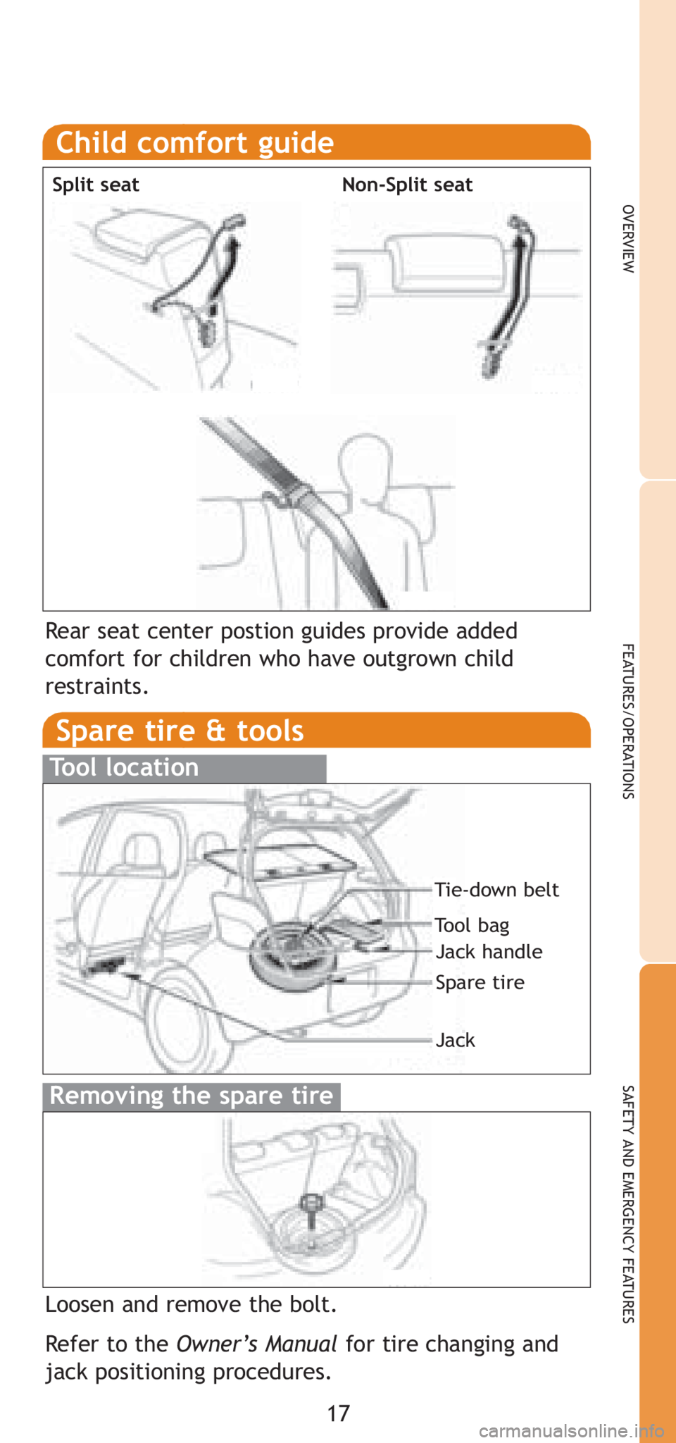 TOYOTA YARIS HATCHBACK 2008 User Guide Spare tire & tools
Tool location
Removing the spare tire 
17
OVERVIEW
FEATURES/OPERATIONS
SAFETY AND EMERGENCY FEATURES
Loosen and remove the bolt.
Refer to the Owner’s Manual for tire changing and
