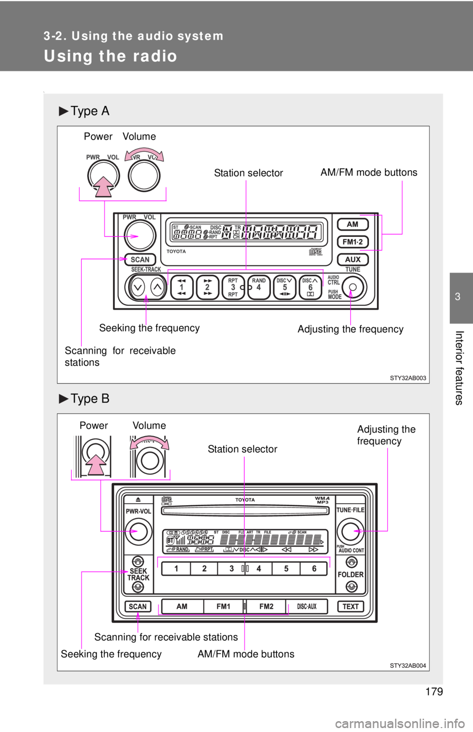TOYOTA YARIS HATCHBACK 2008  Owners Manual 179
3-2. Using the audio system
3
Interior features
Using the radio
\
Ty p e  A
Ty p e  B
Vol um e
Seeking the frequency AM/FM mode buttons
Scanning for receivable
stations Power
Adjusting the frequen