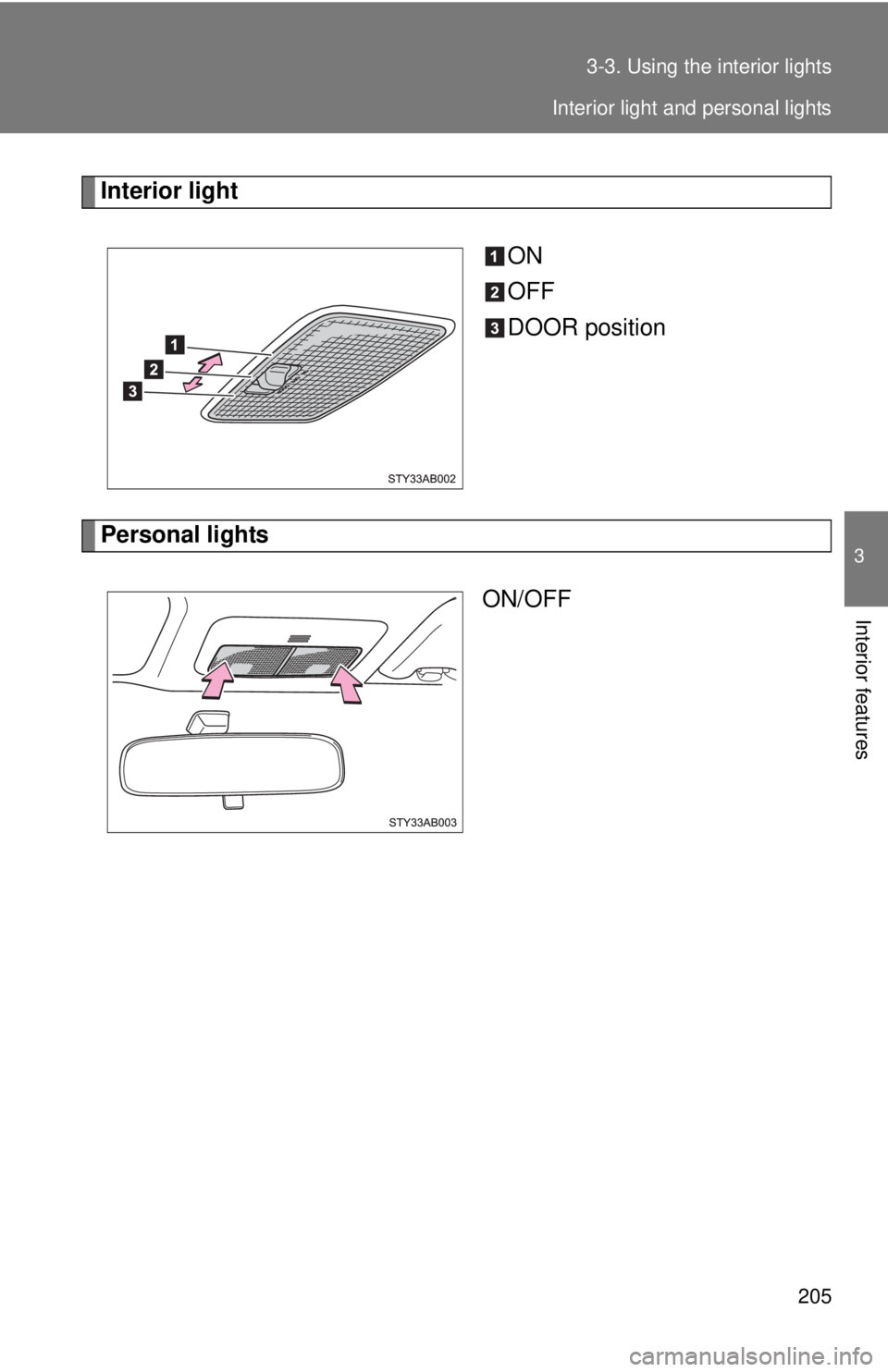 TOYOTA YARIS HATCHBACK 2008  Owners Manual 205
3-3. Using the interior lights
3
Interior features
Interior light
ON
OFF
DOOR position
Personal lightsON/OFF
Interior light and personal lights 